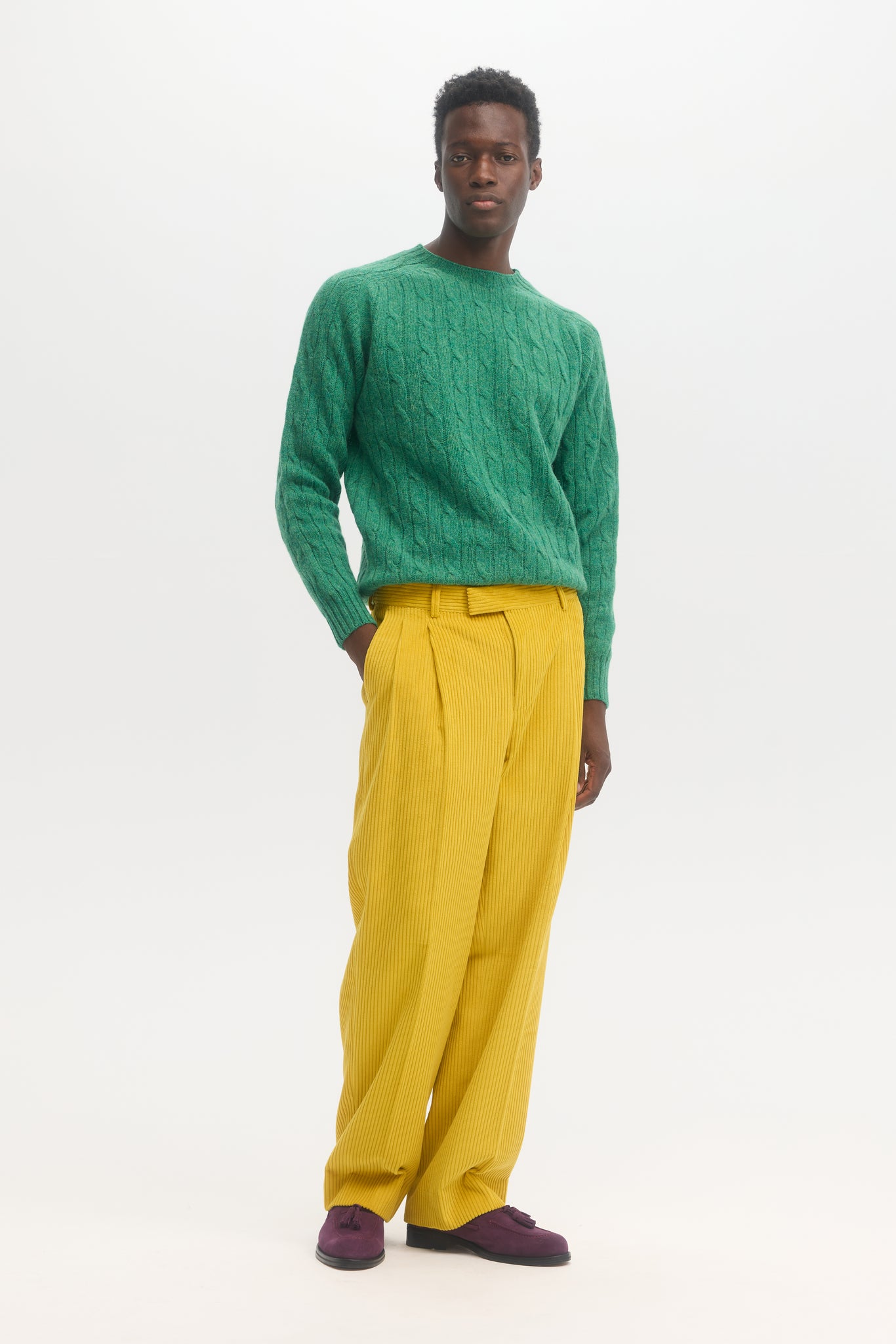 Yellow corduroy double pleated trousers