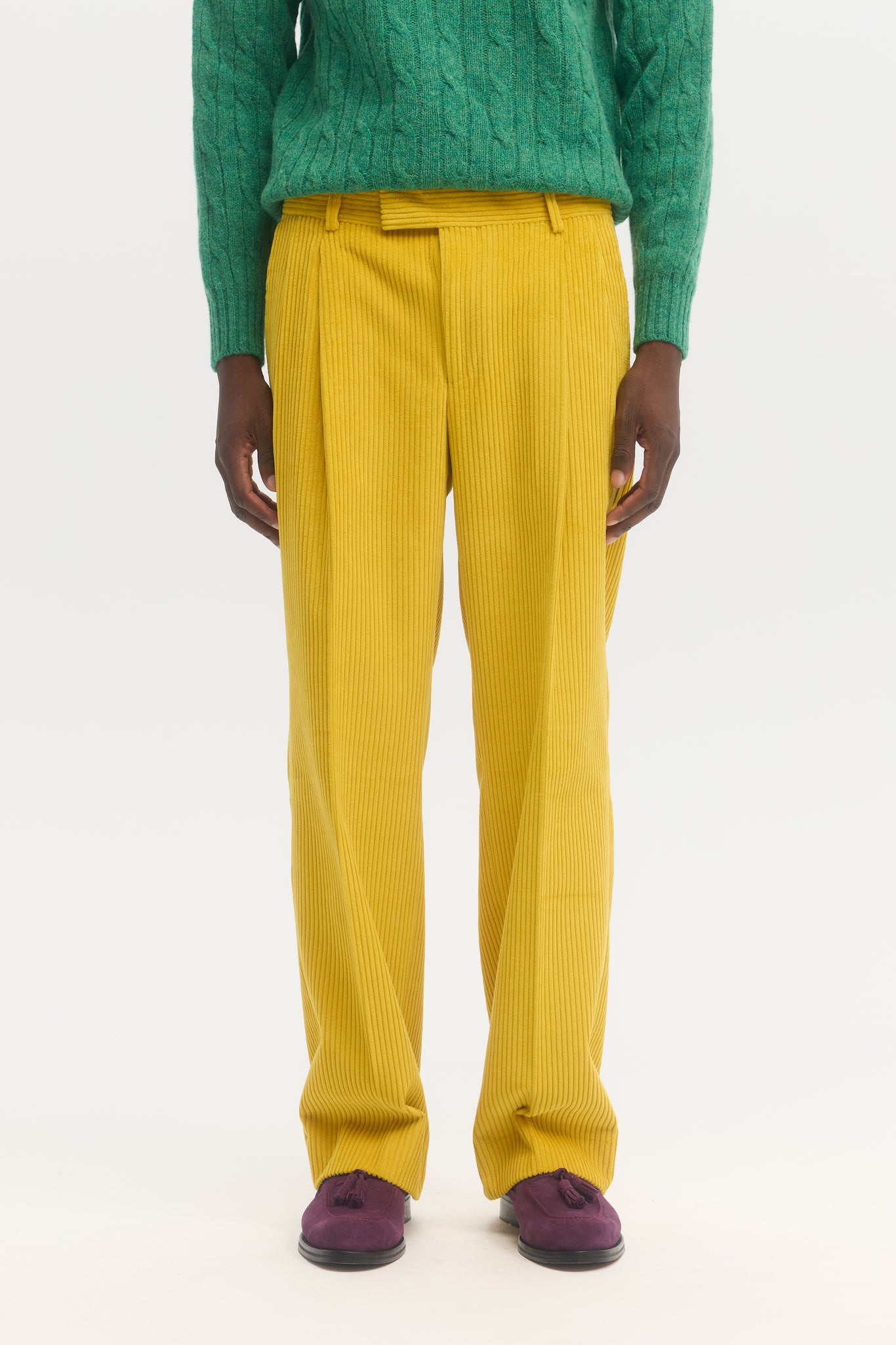 Yellow corduroy double pleated trousers