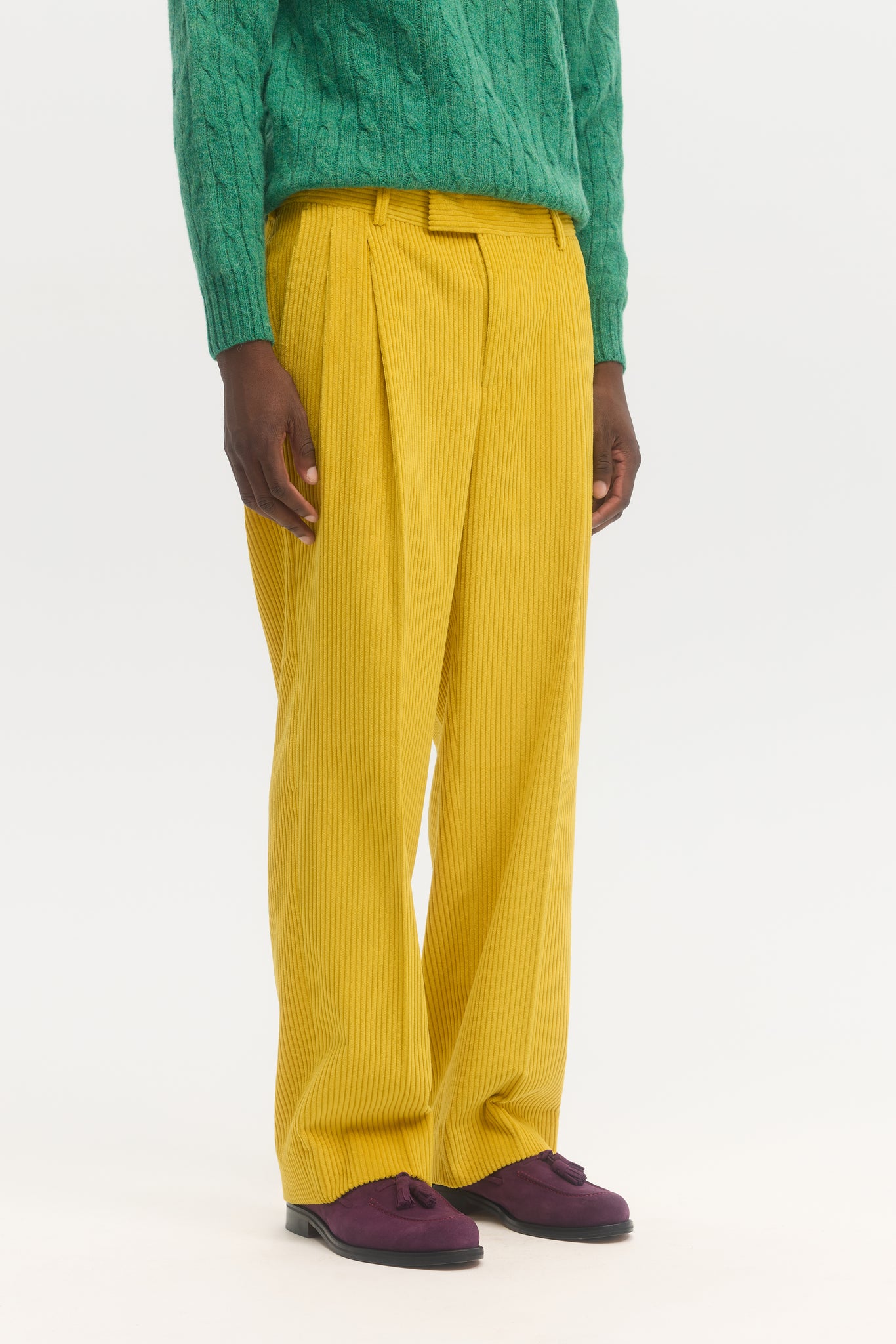 Yellow corduroy double pleated trousers