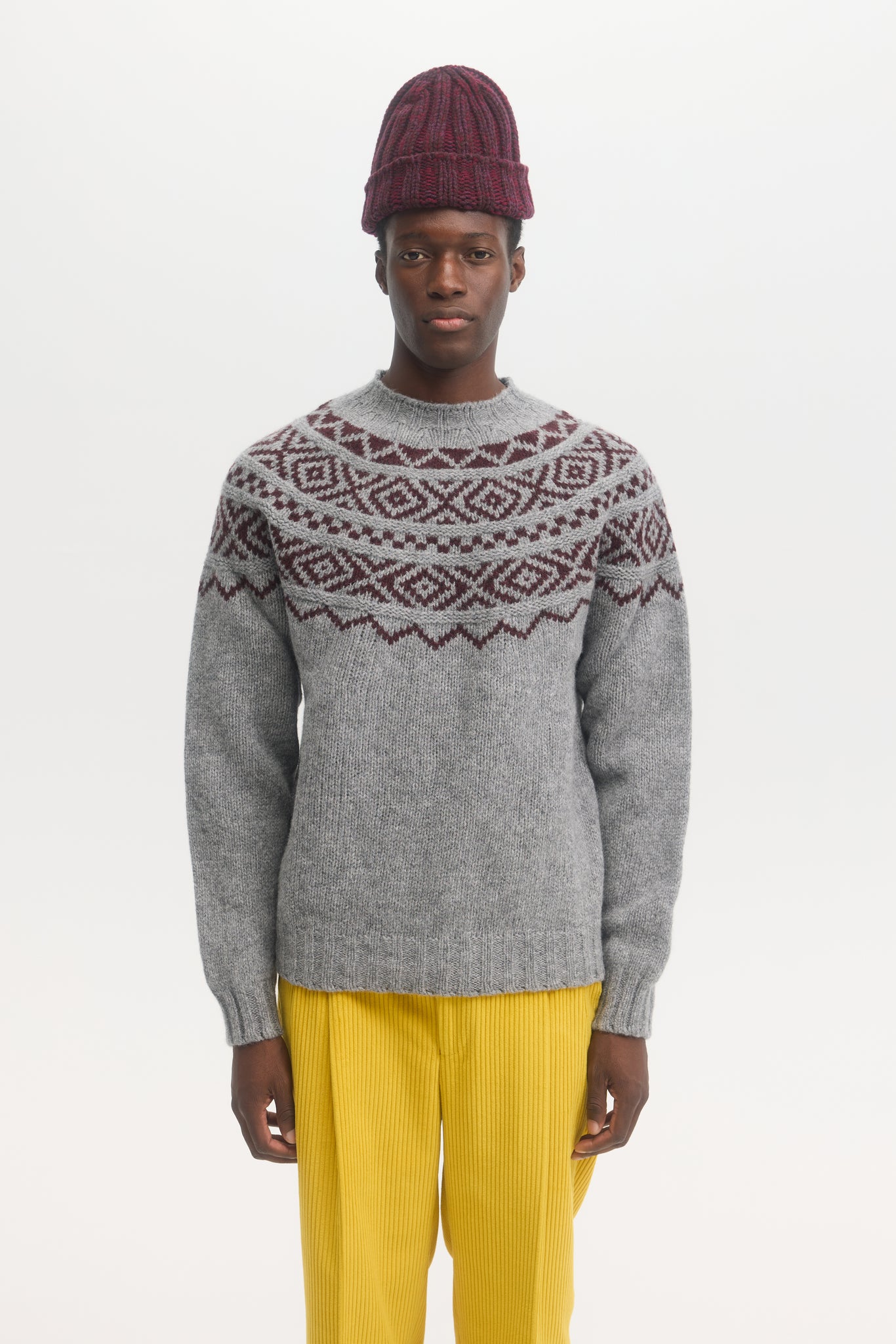 Pull en laine à col rond en jacquard gris fair isle 