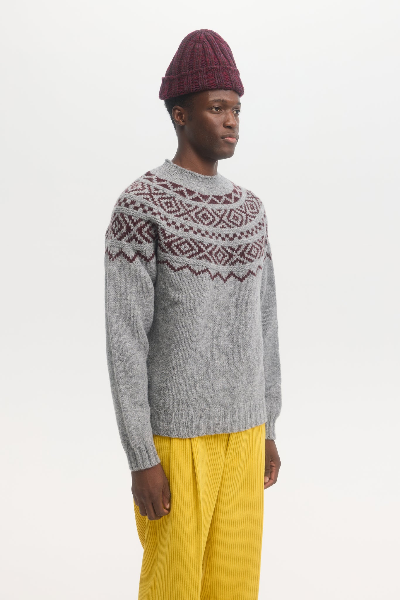Pull en laine à col rond en jacquard gris fair isle 