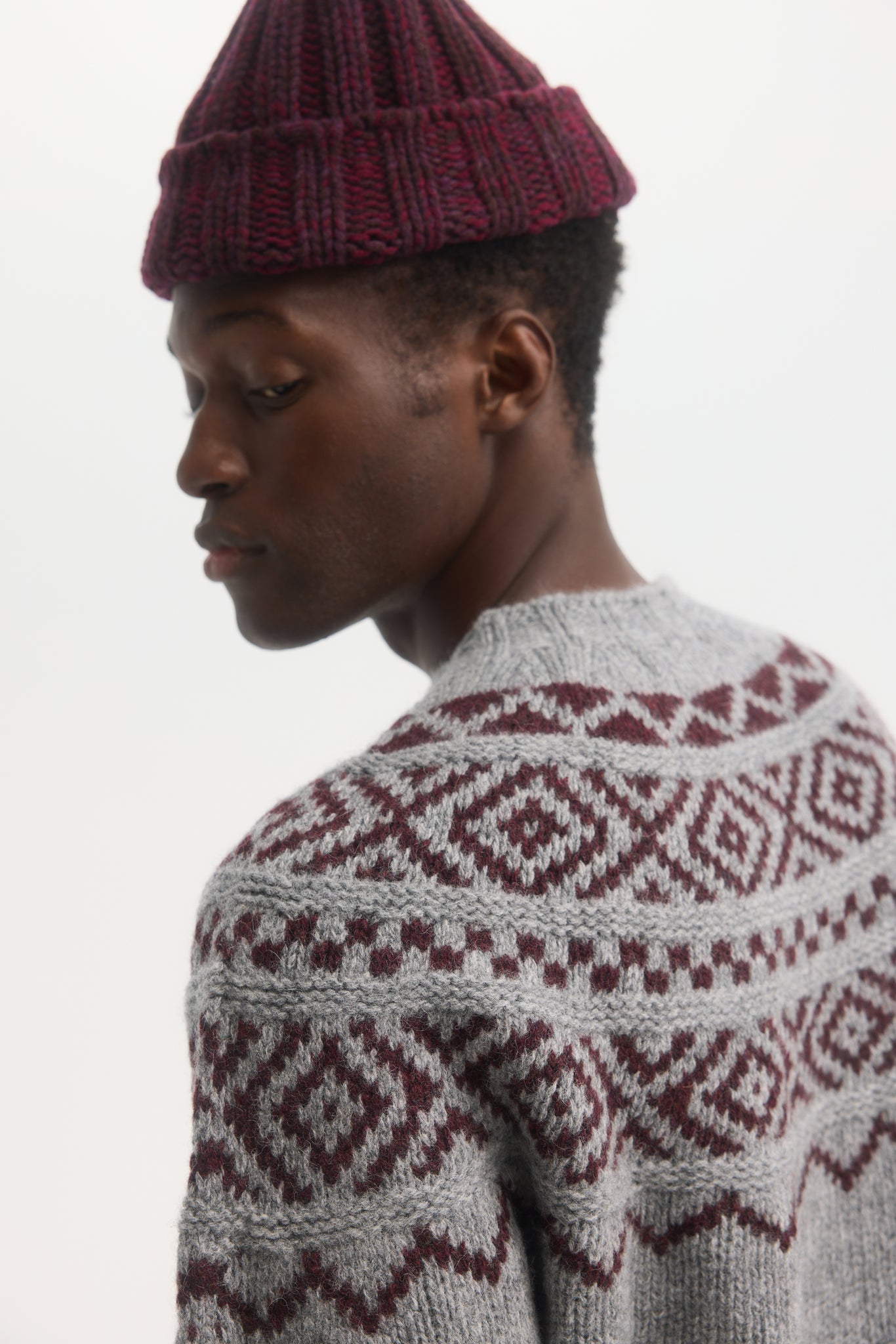 Pull en laine à col rond en jacquard gris fair isle 