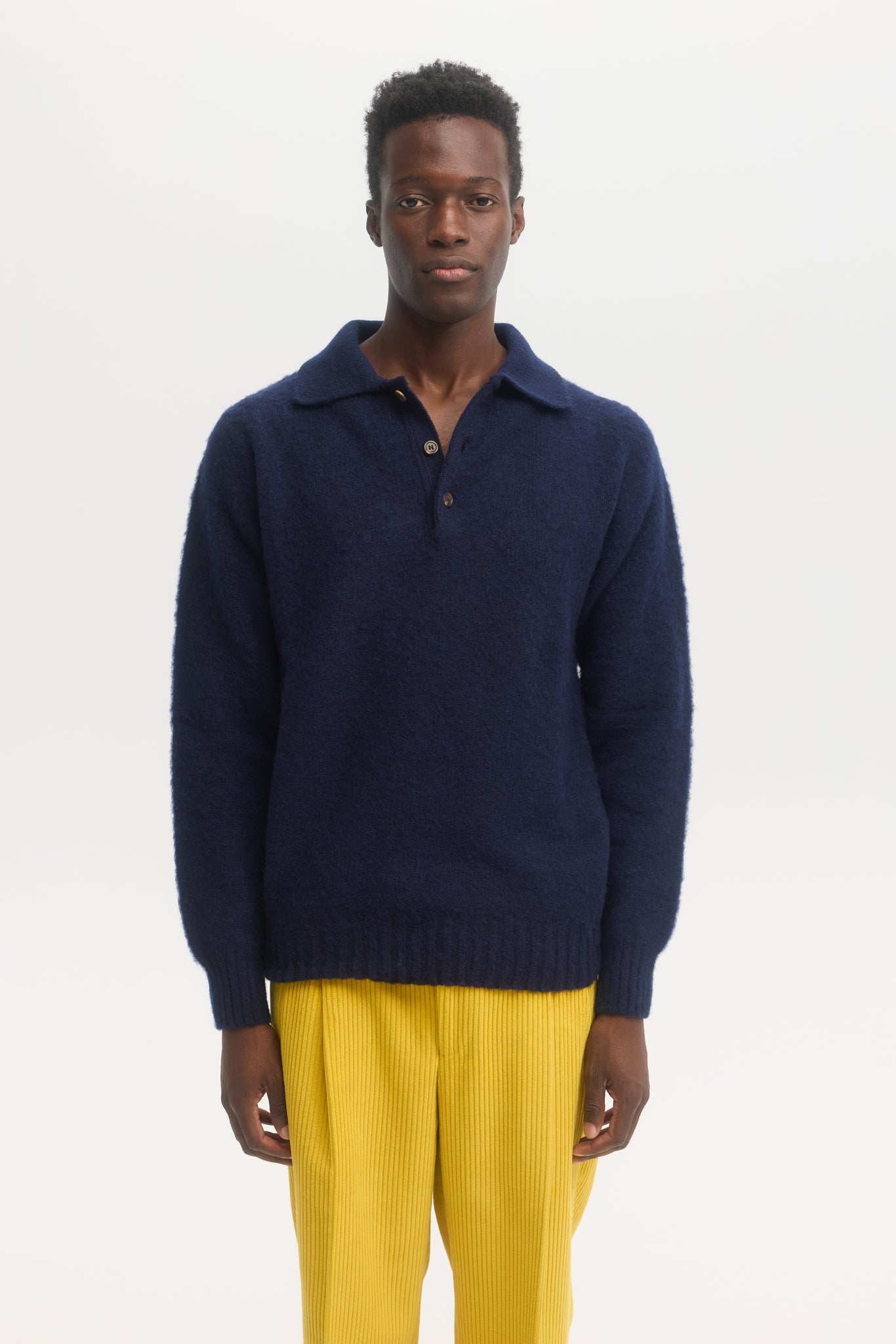 Pull polo en laine shetland brossée marine