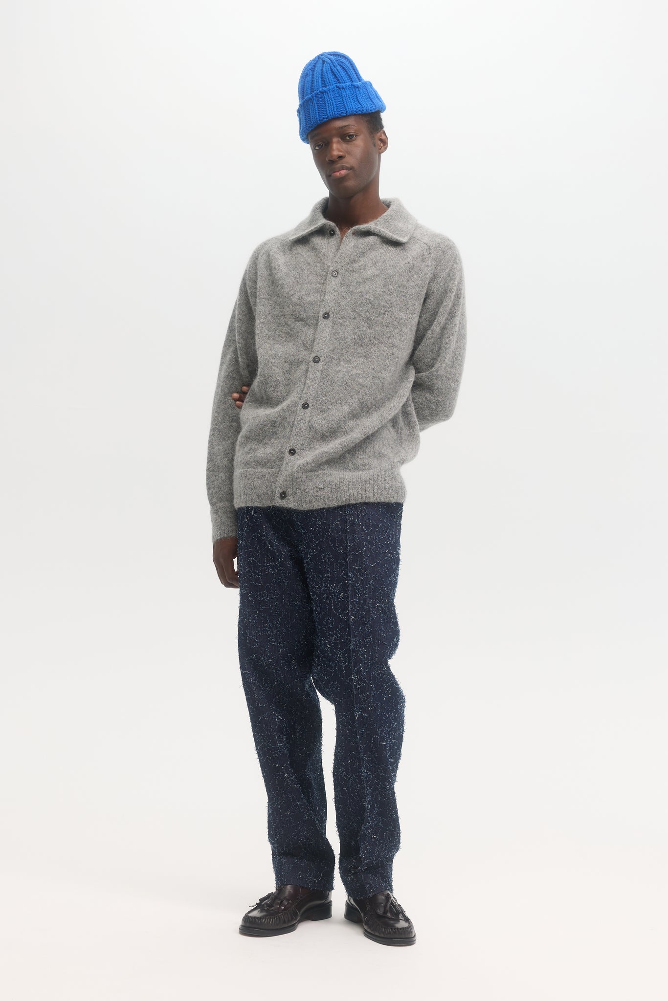 Polo en mohair et alpaga shaggy gris sel