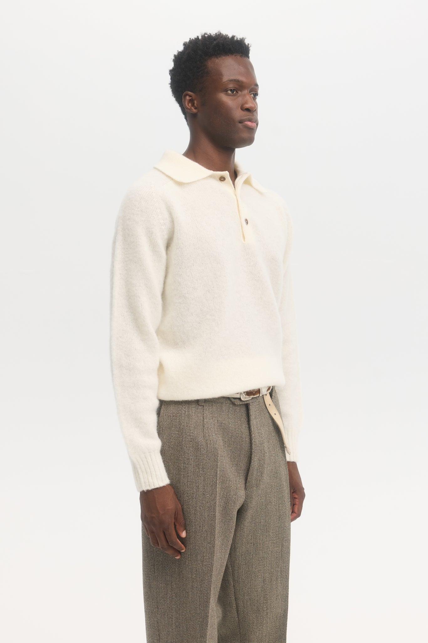 Pull polo en laine shetland brossée neige