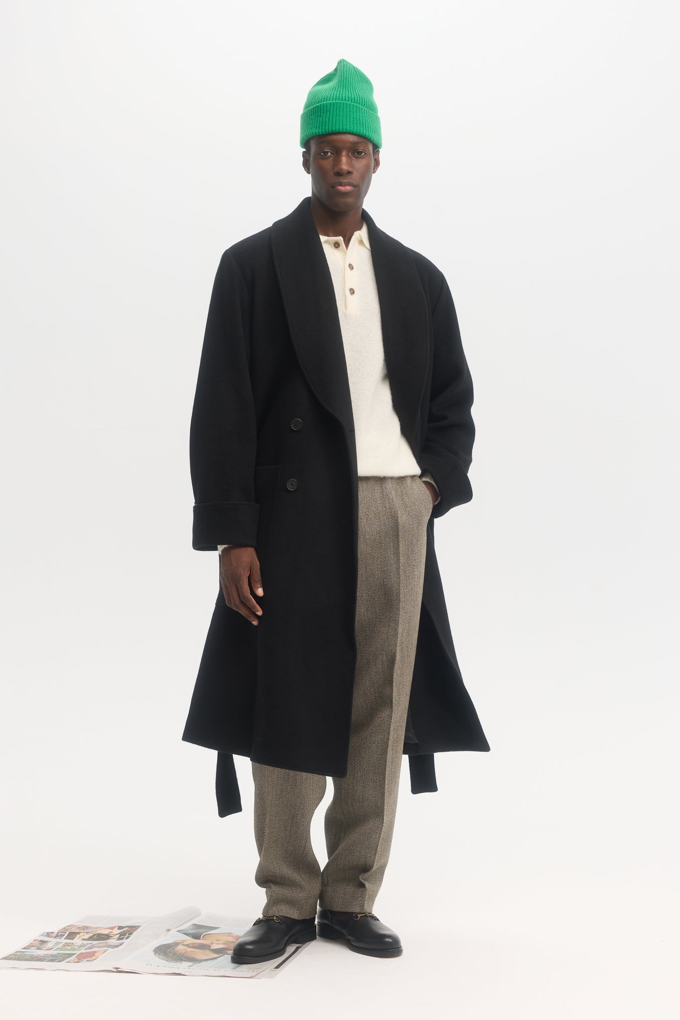 Black brushed pure cashmere shawl collar coat – École de Pensée