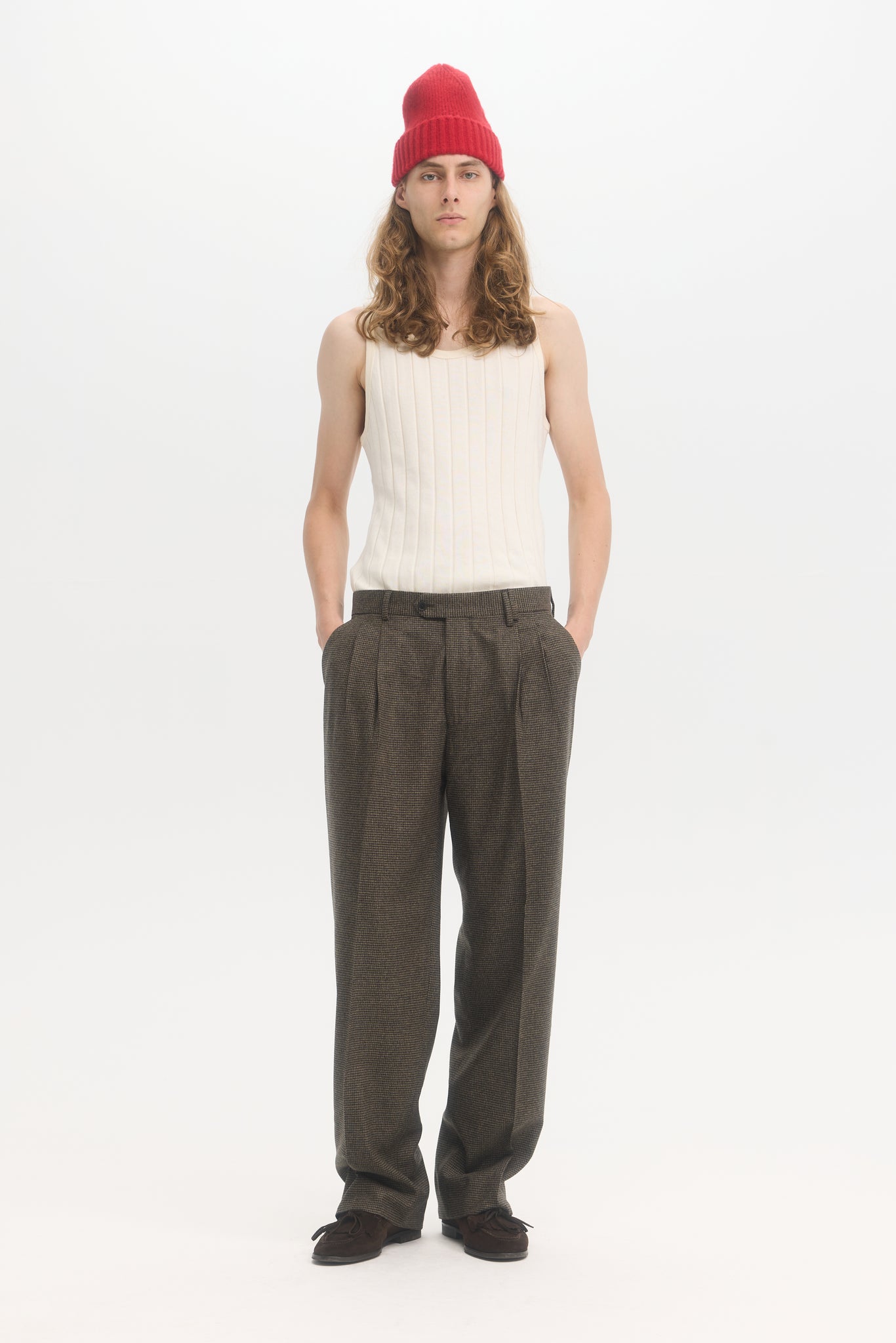 Pantalons pieds de poule à double pli en flanelle de laine