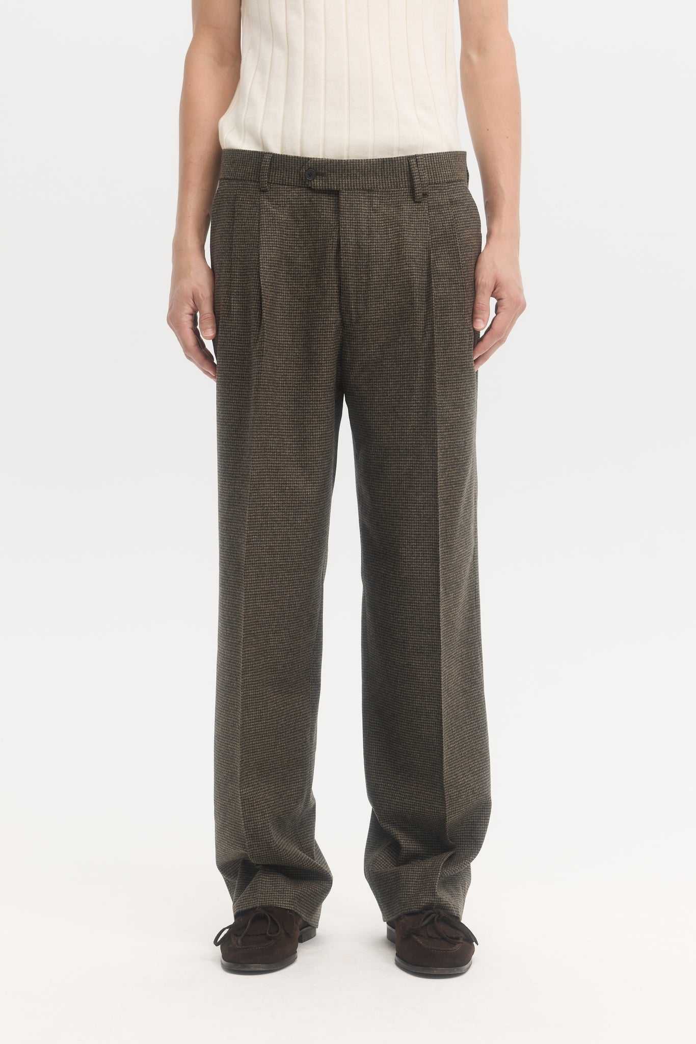 Pantalons pieds de poule à double pli en flanelle de laine