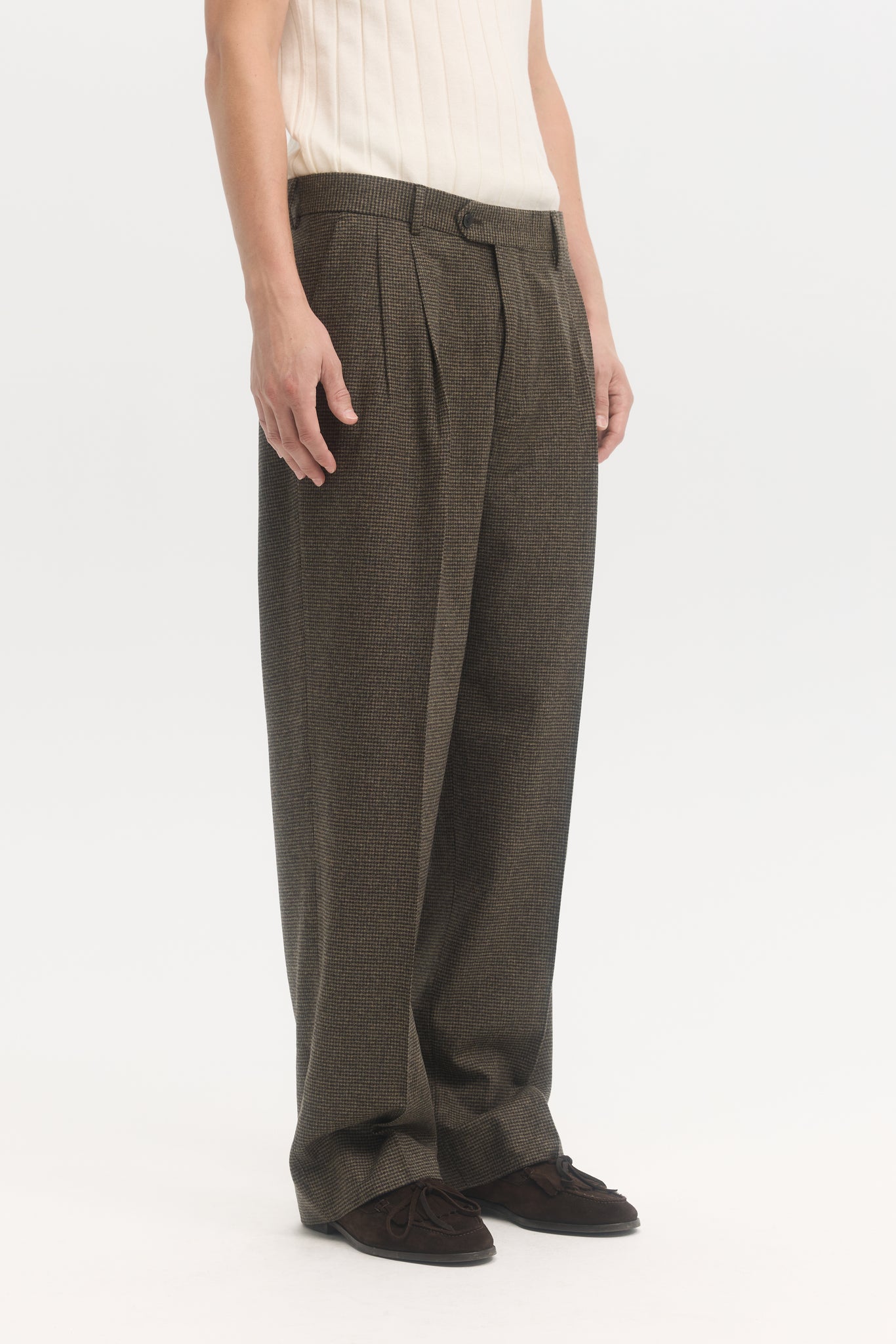 Pantalons pieds de poule à double pli en flanelle de laine