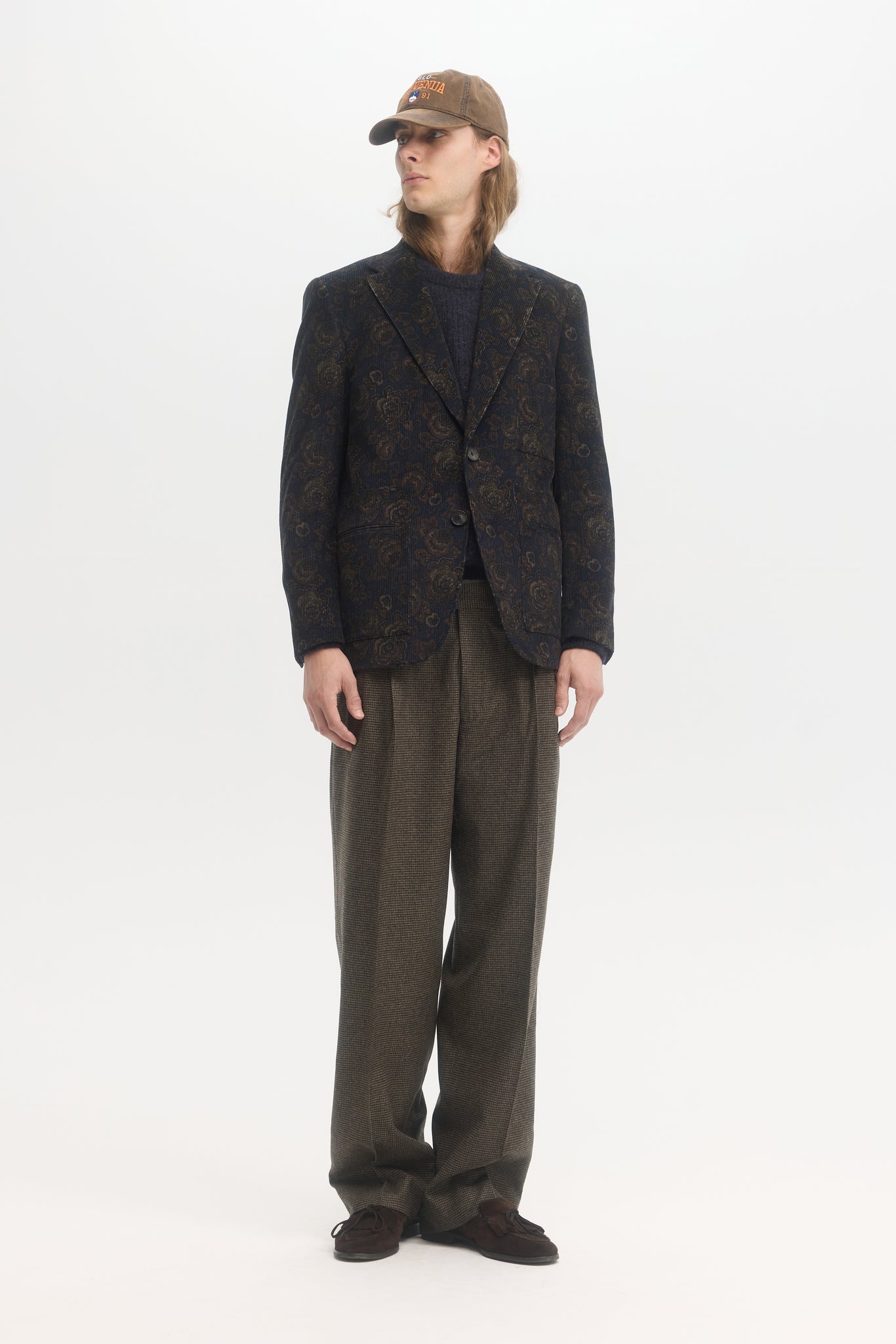 Navy and brown floral corduroy patch-pocket blazer