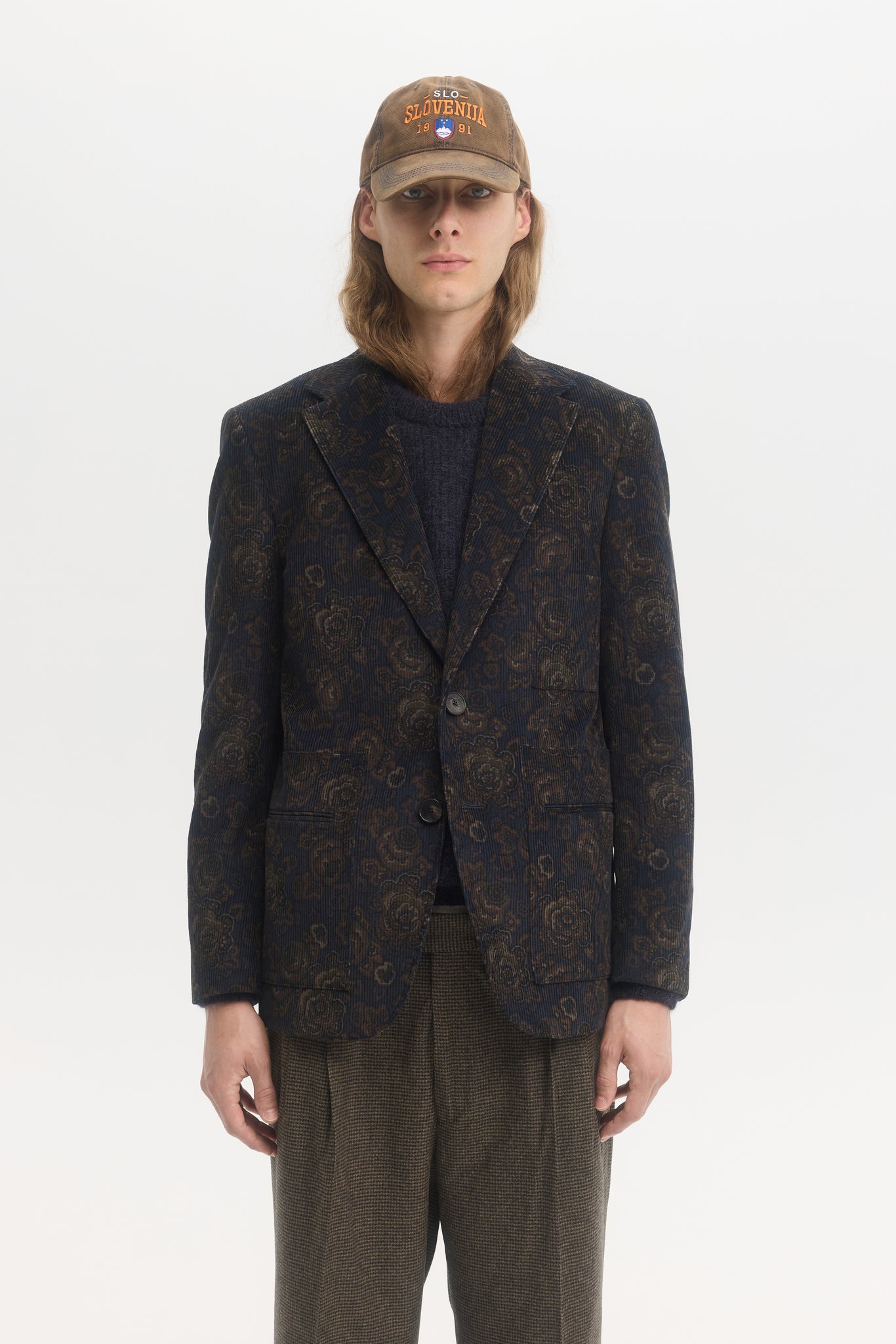 Navy and brown floral corduroy patch-pocket blazer