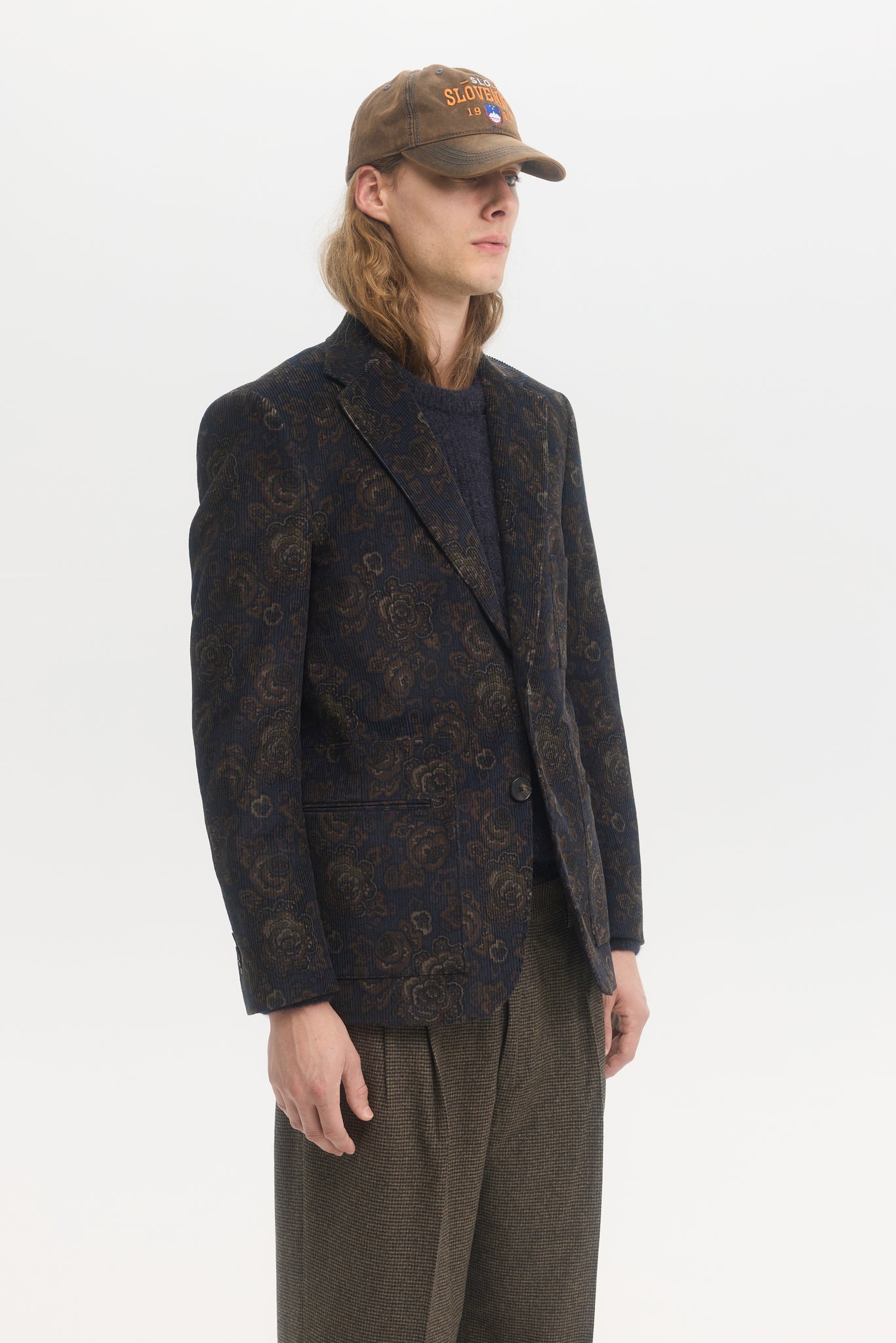 Navy and brown floral corduroy patch-pocket blazer