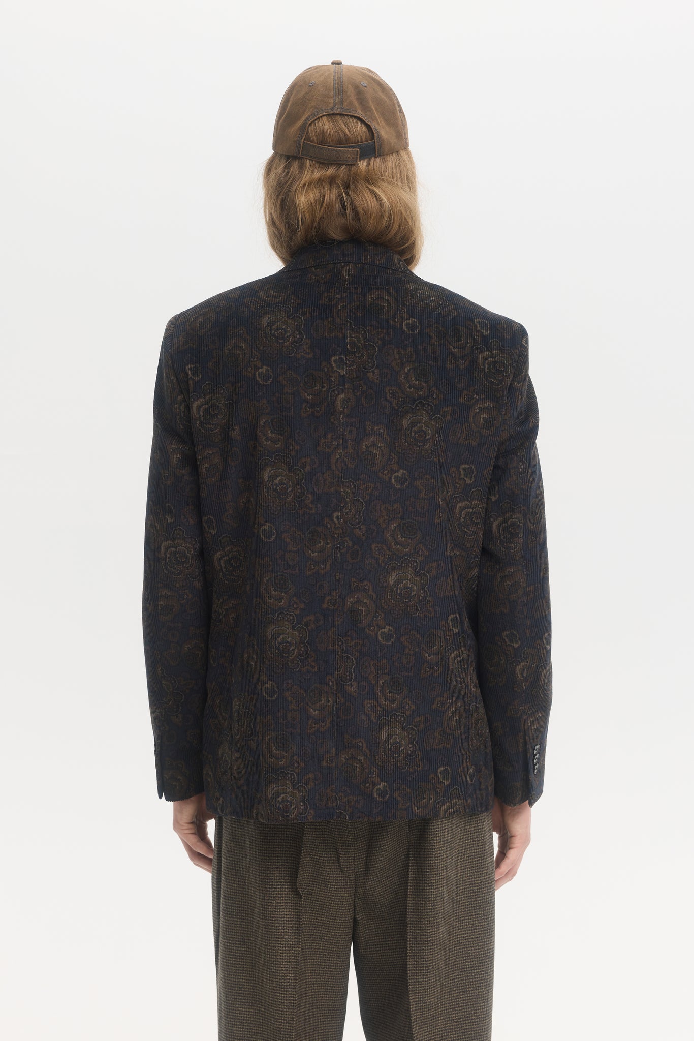 Navy and brown floral corduroy patch-pocket blazer