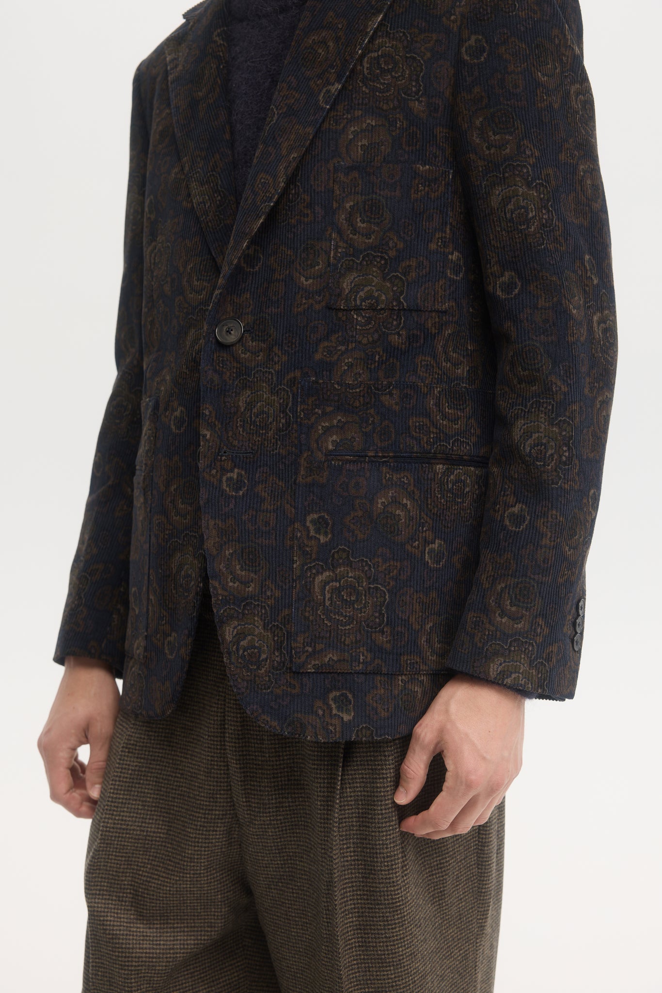 Navy and brown floral corduroy patch-pocket blazer