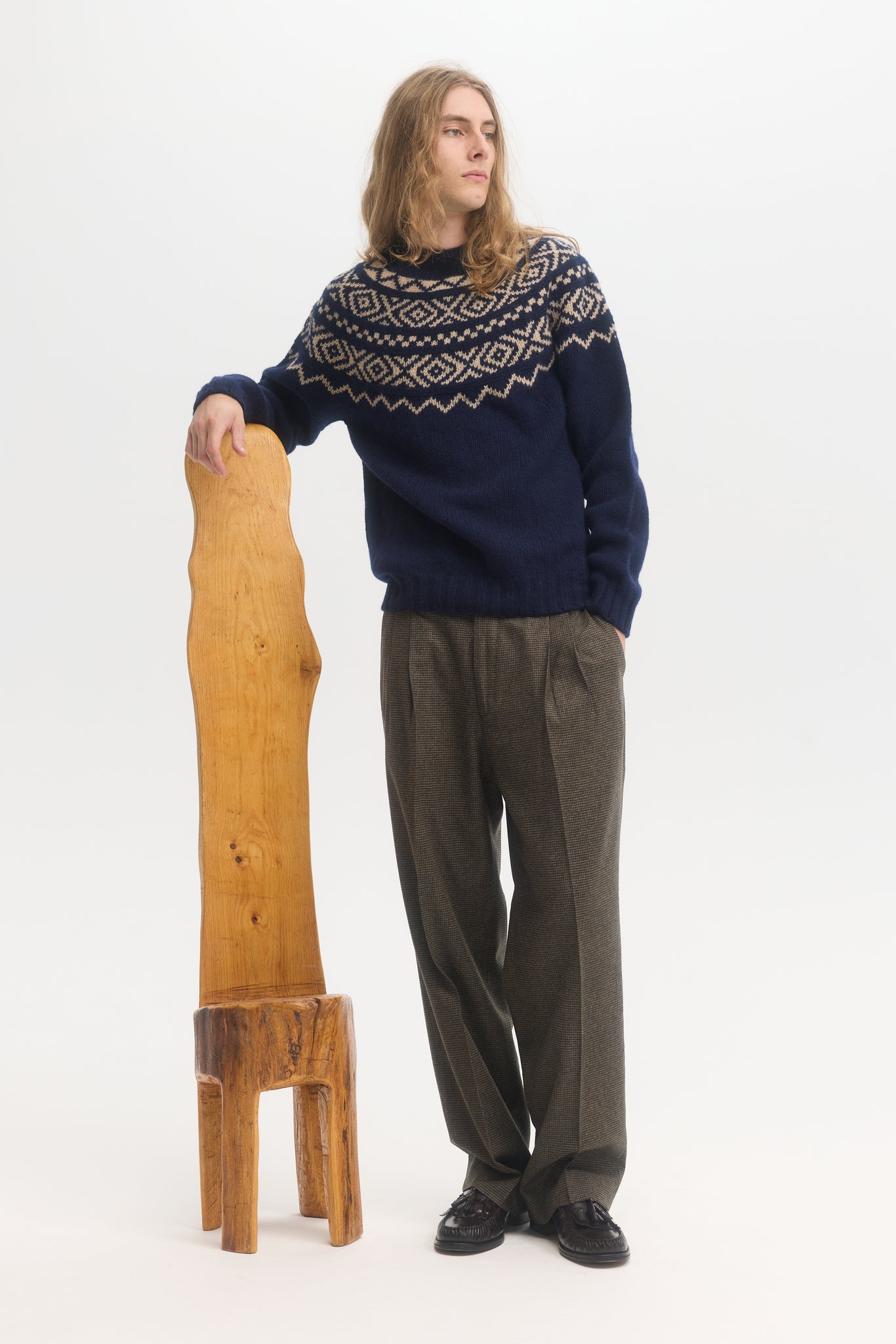 Pull en laine jacquard bleu marine à col rond Fair Isle