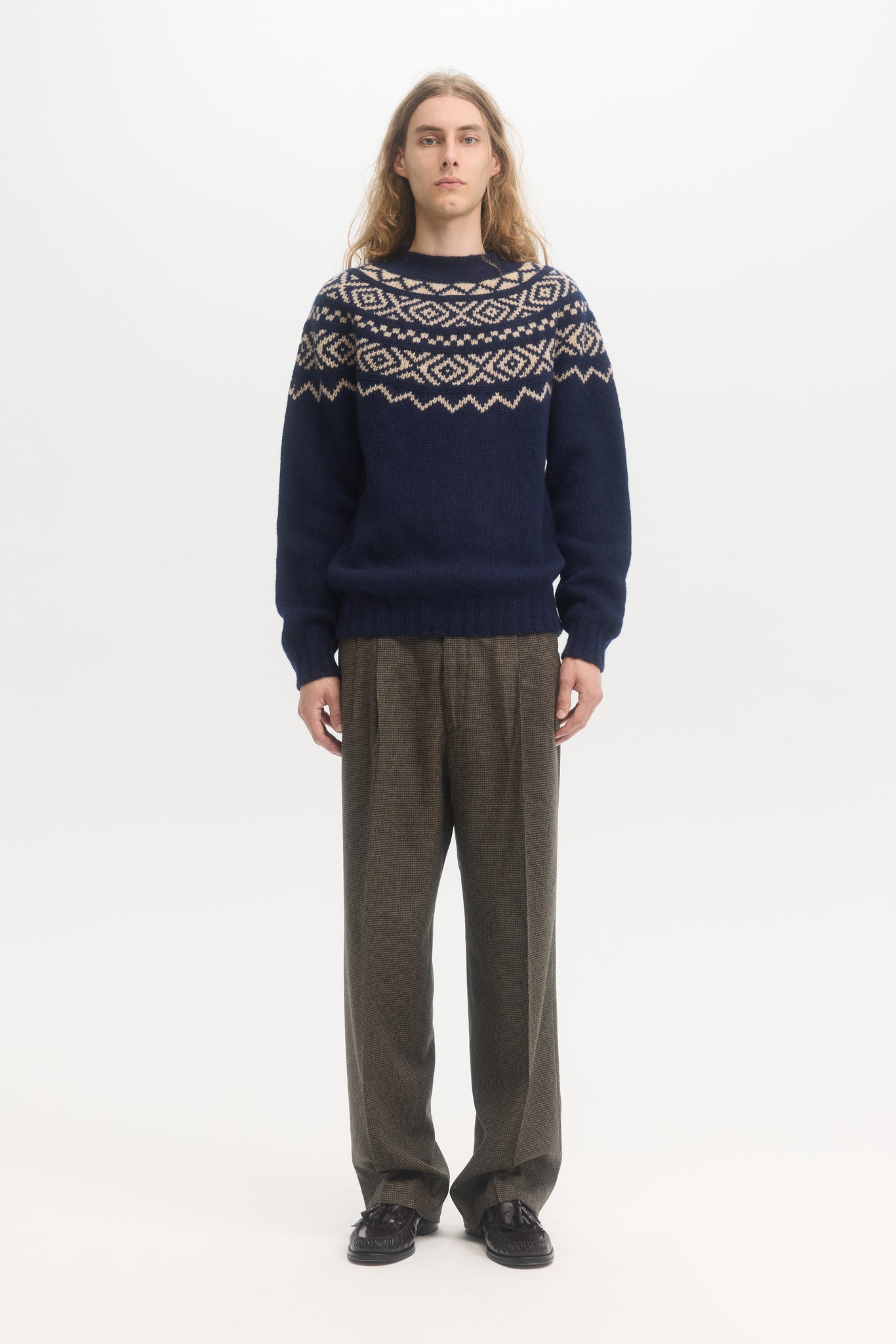 Pull en laine jacquard bleu marine à col rond Fair Isle