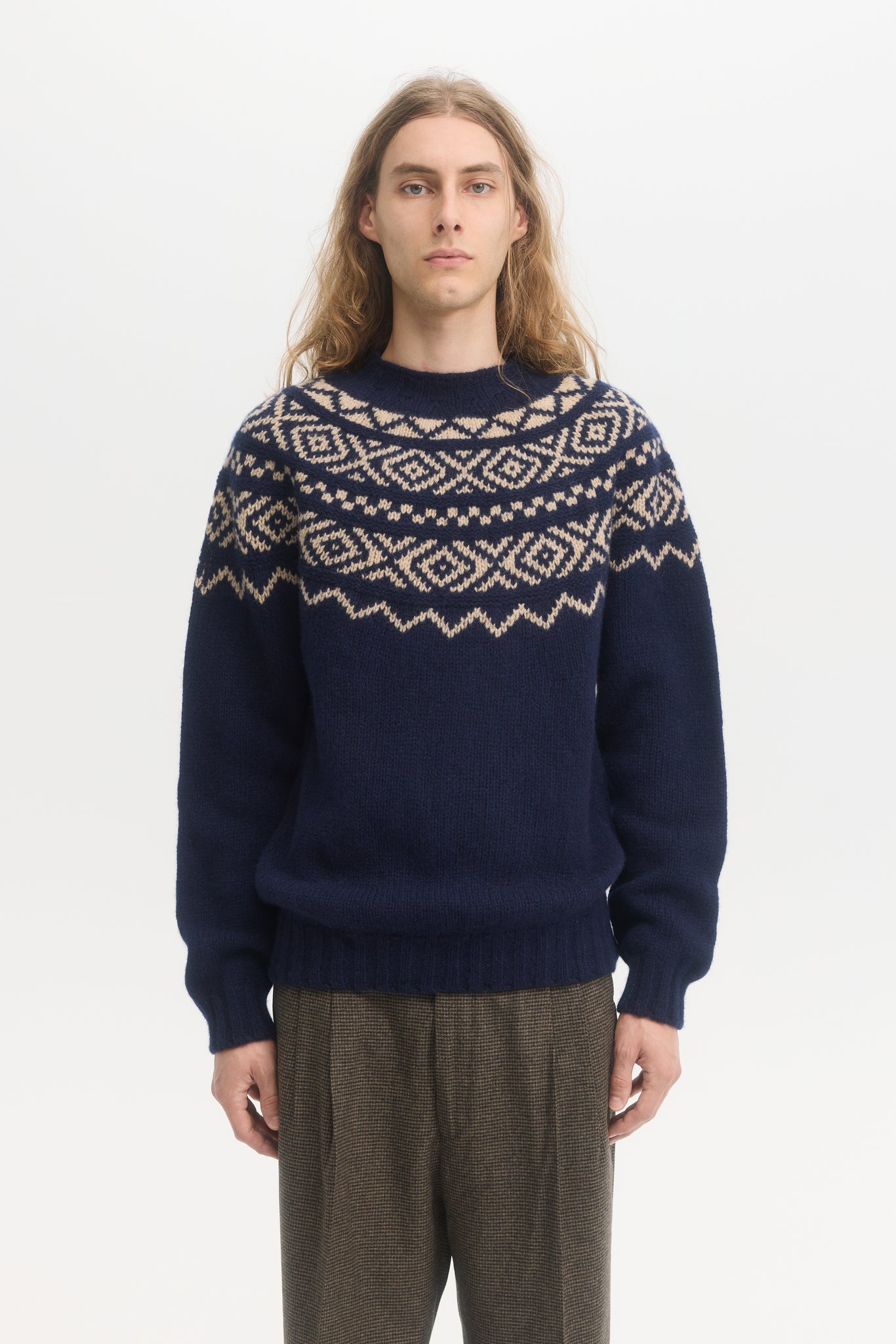 Pull en laine jacquard bleu marine à col rond Fair Isle