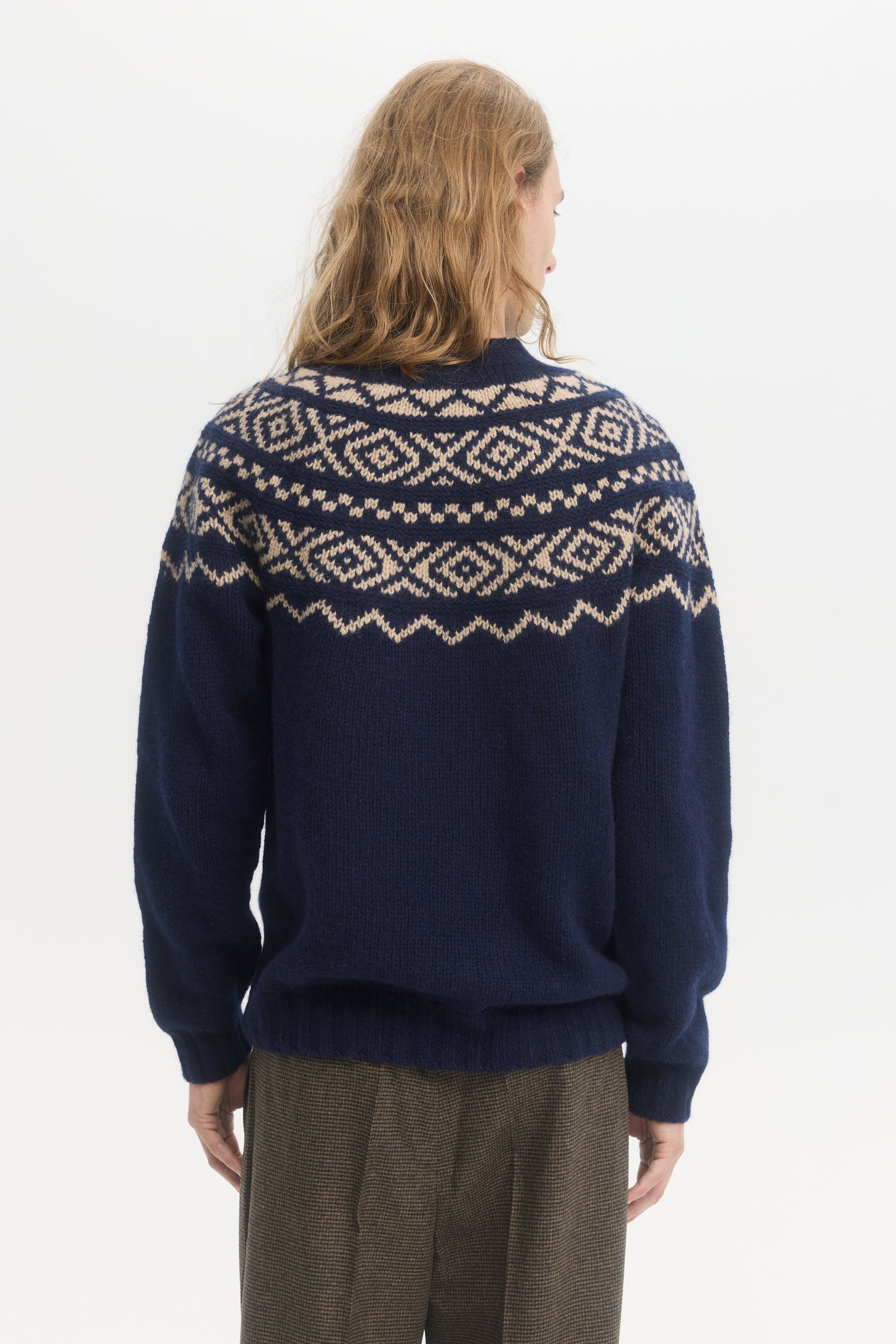 Pull en laine jacquard bleu marine à col rond Fair Isle