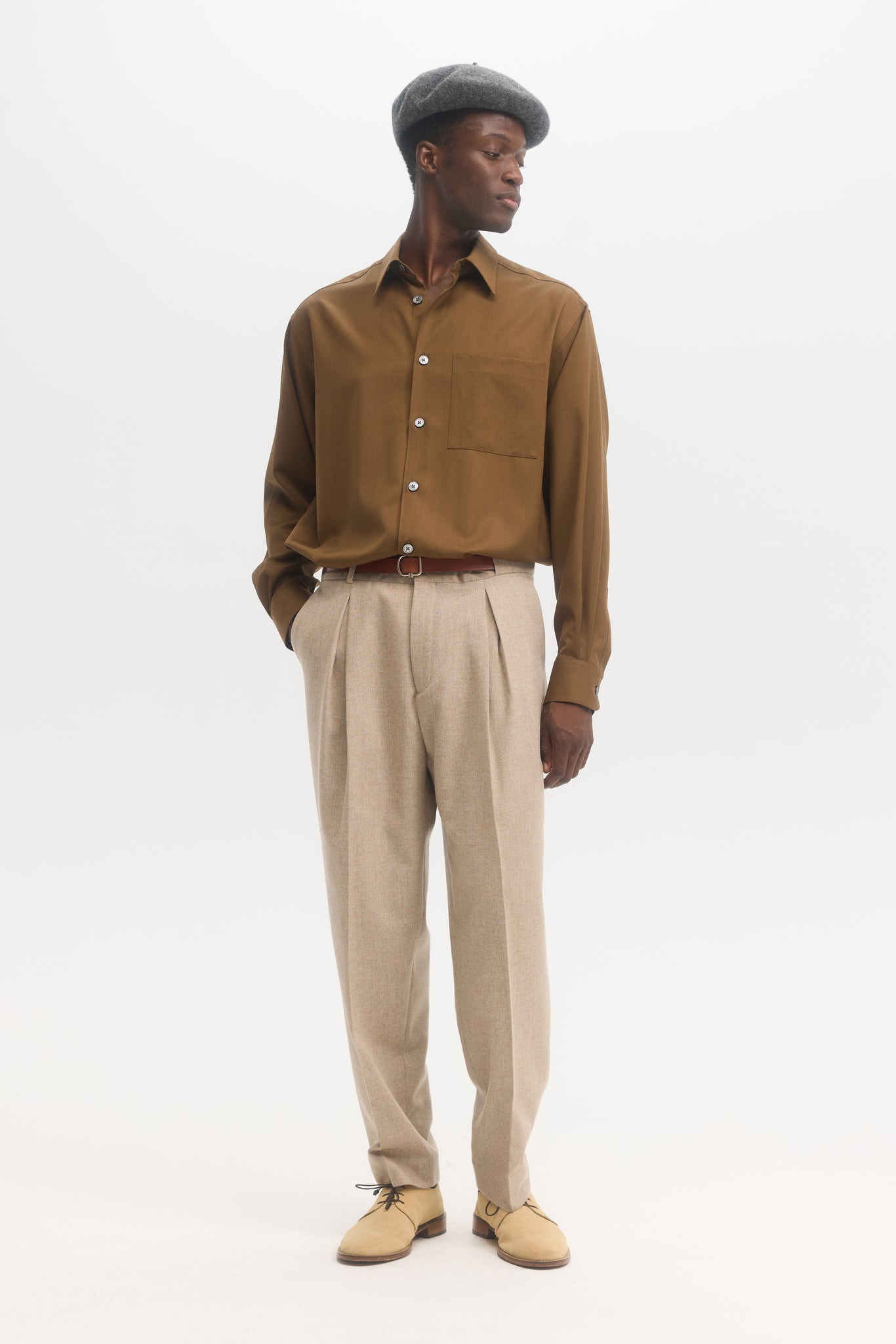 Pantalon parachute en flanelle de laine perle
