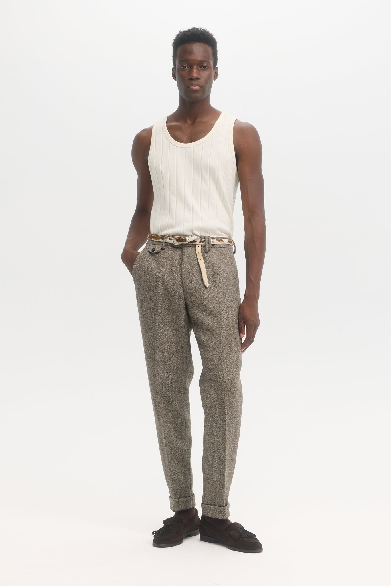 Natural worsted gabardine virgin wool tapered trousers