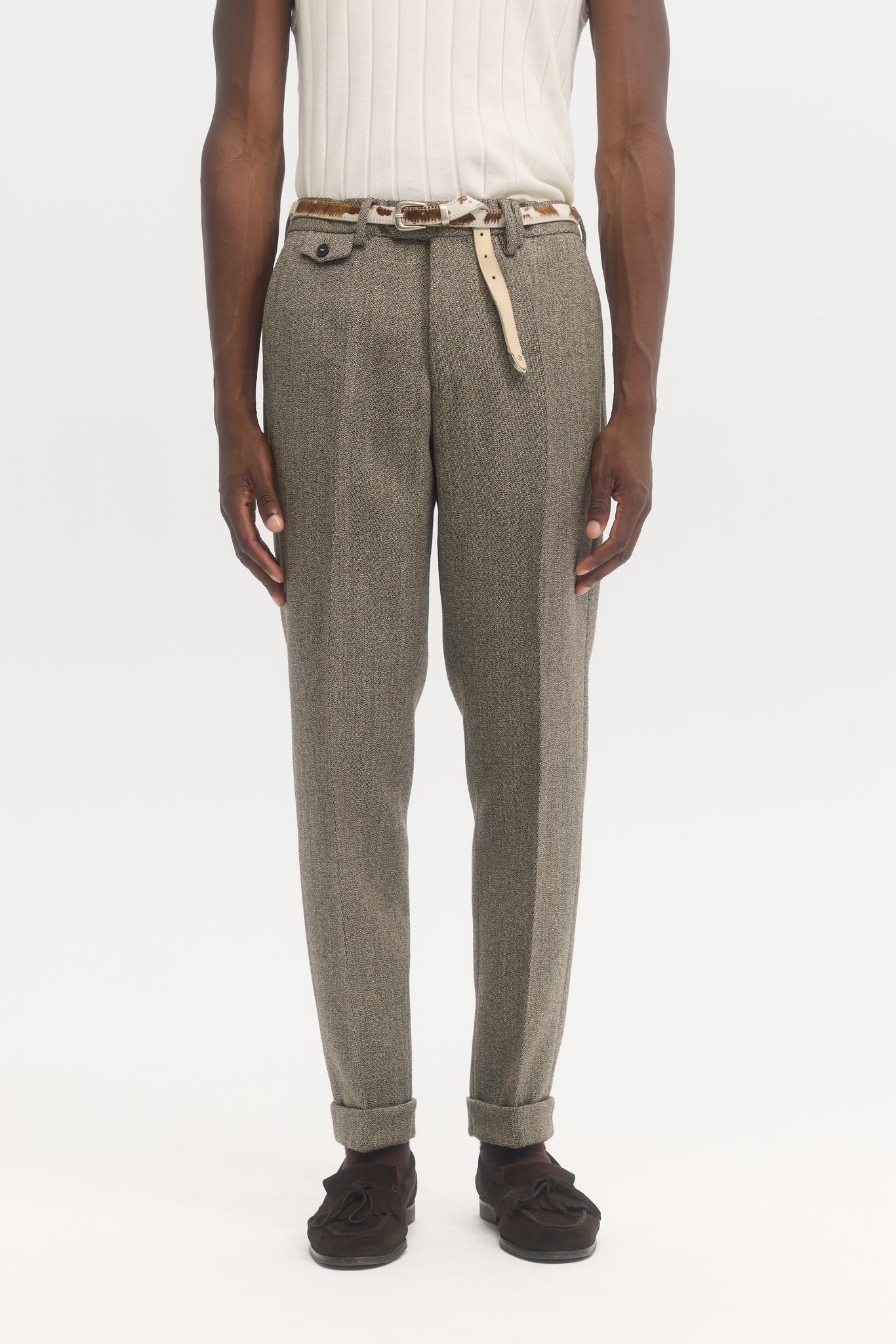 Natural worsted gabardine virgin wool tapered trousers