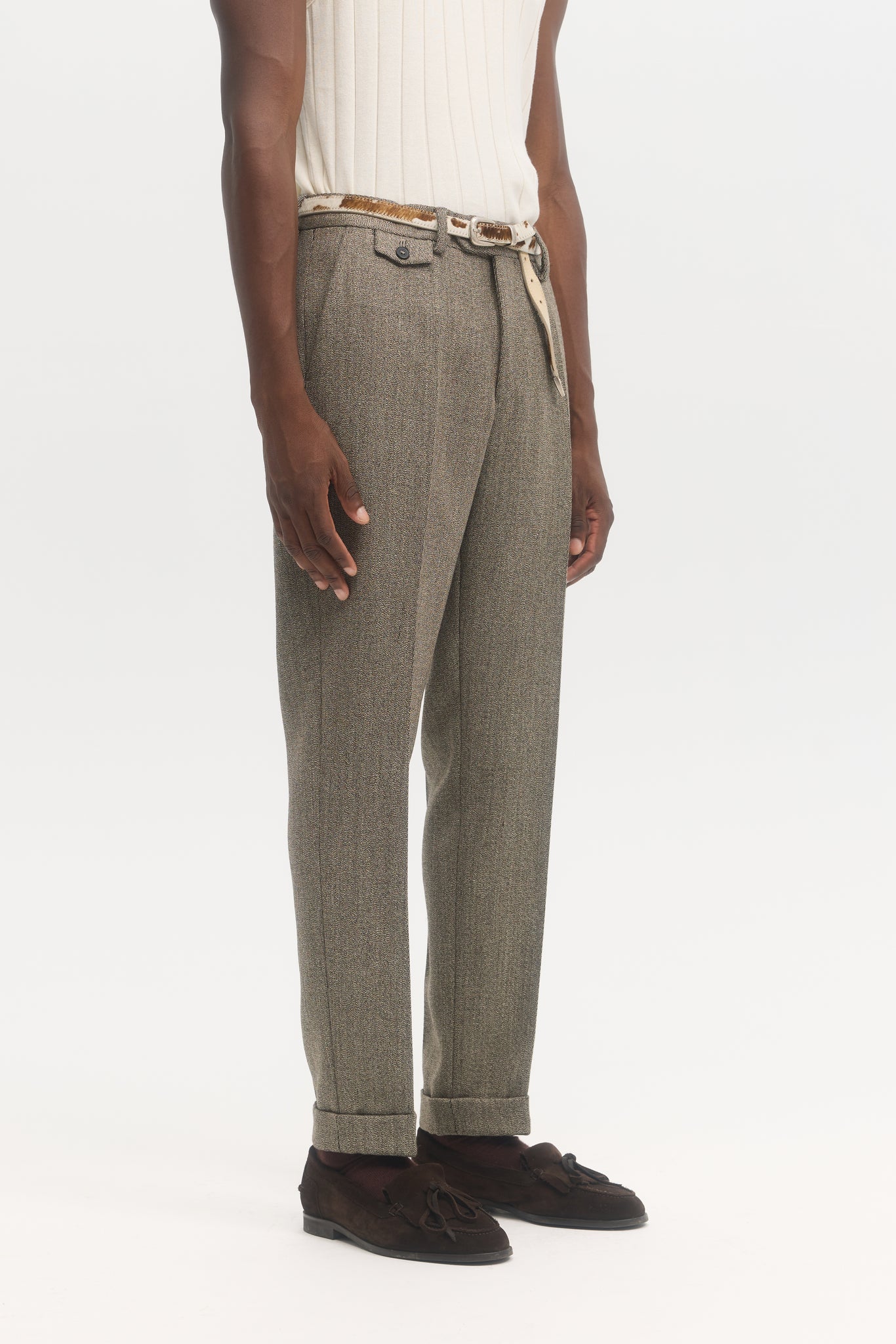 Natural worsted gabardine virgin wool tapered trousers