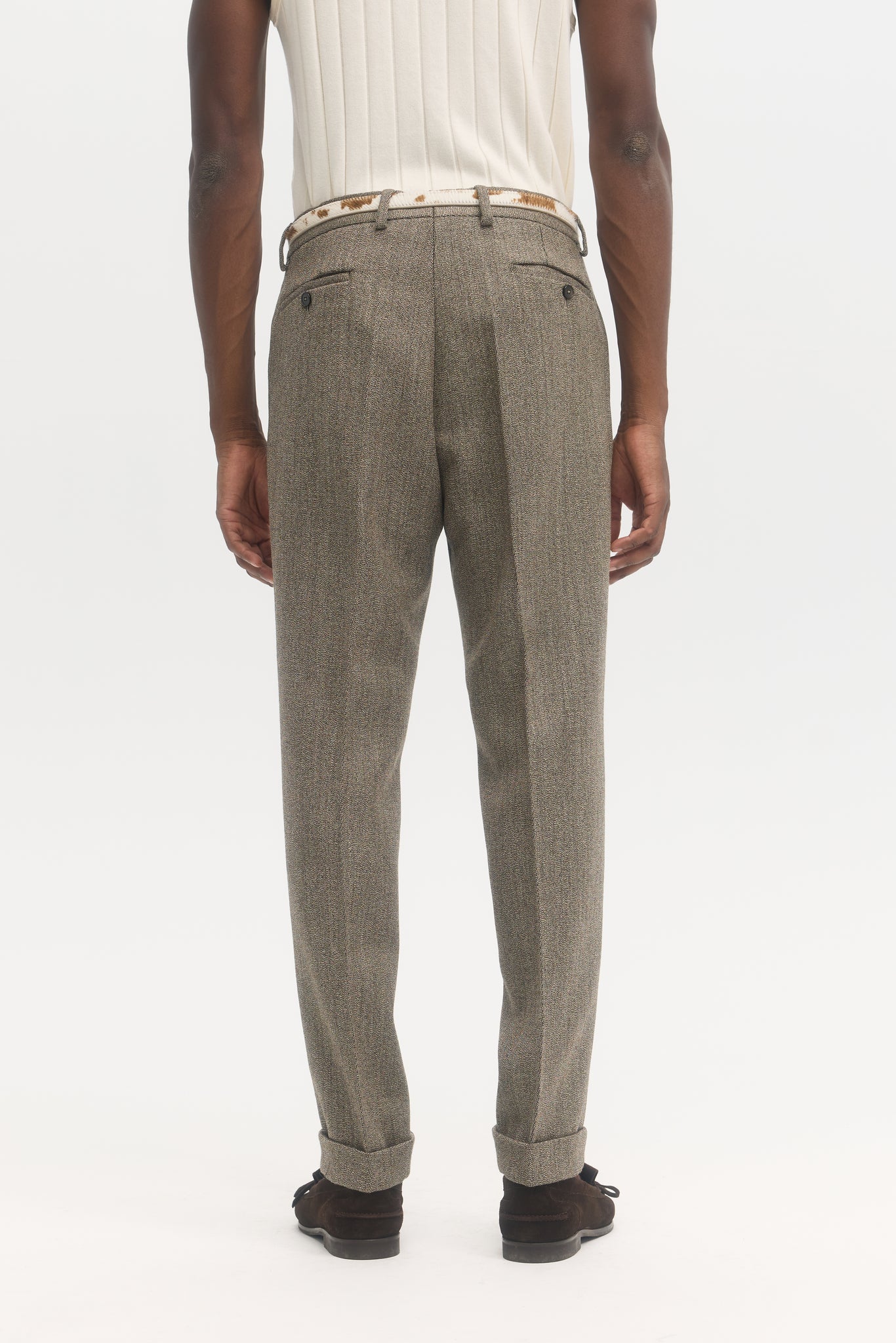 Natural worsted gabardine virgin wool tapered trousers