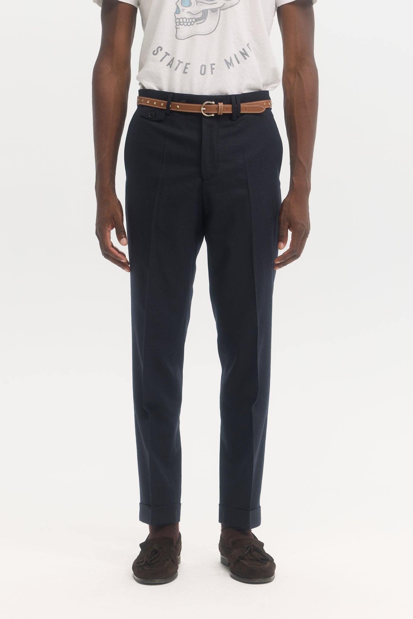 Pantalon fuselé en flanelle de laine légère marine