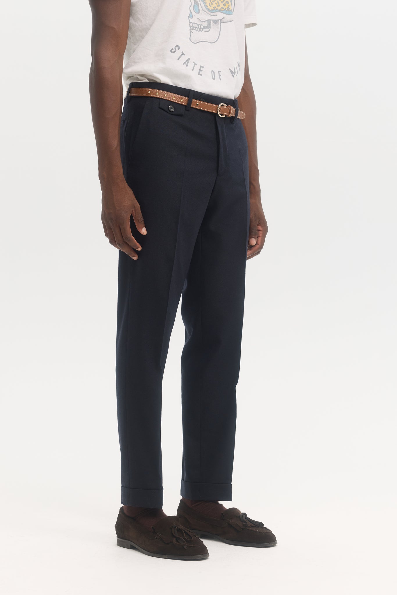 Pantalon fuselé en flanelle de laine légère marine