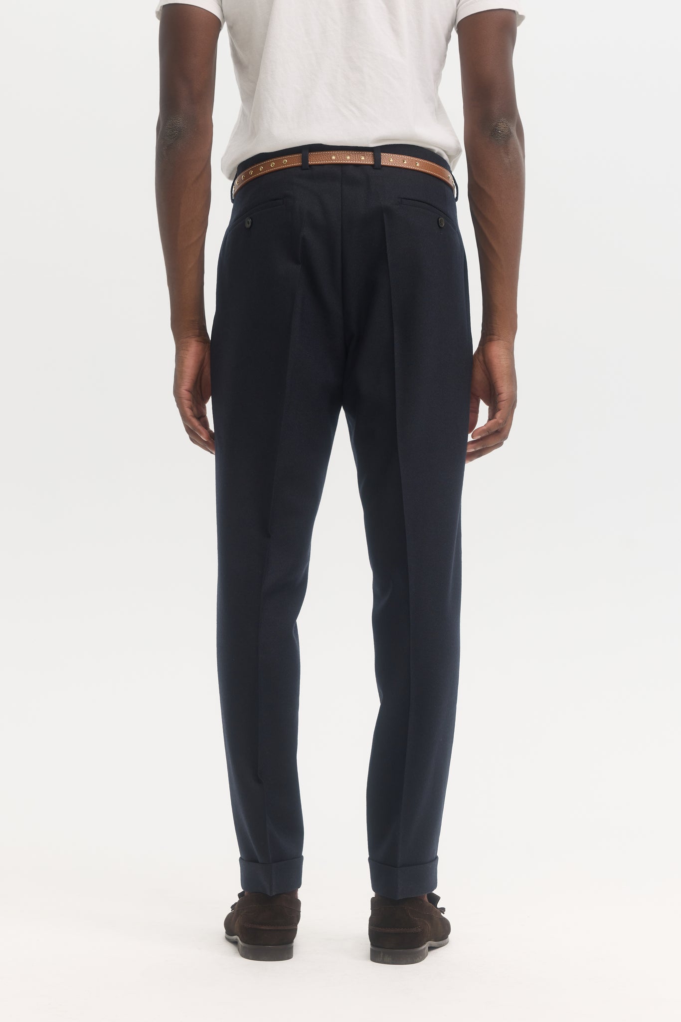 Pantalon fuselé en flanelle de laine légère marine