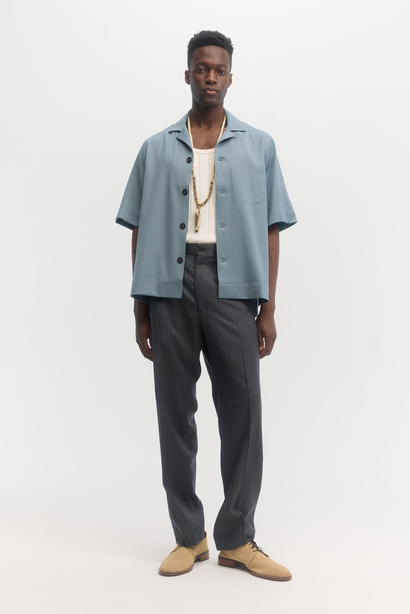 Teal super 130's tropical wool relaxed fit short sleeve shirt