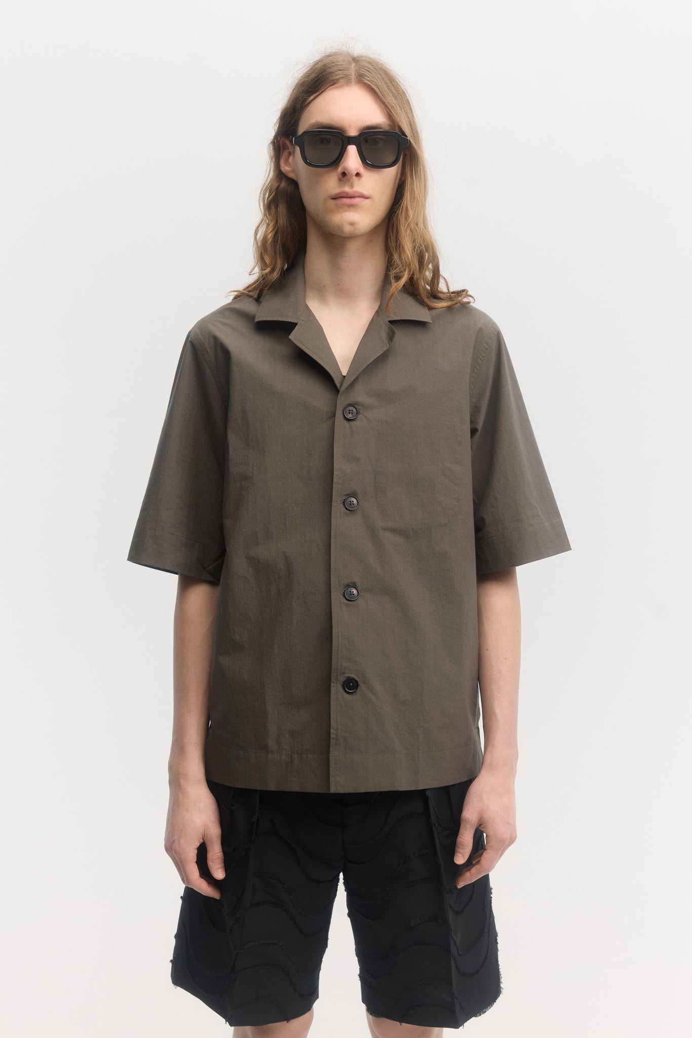 Chemise ample à manches courtes en popeline typewriter olive foncé
