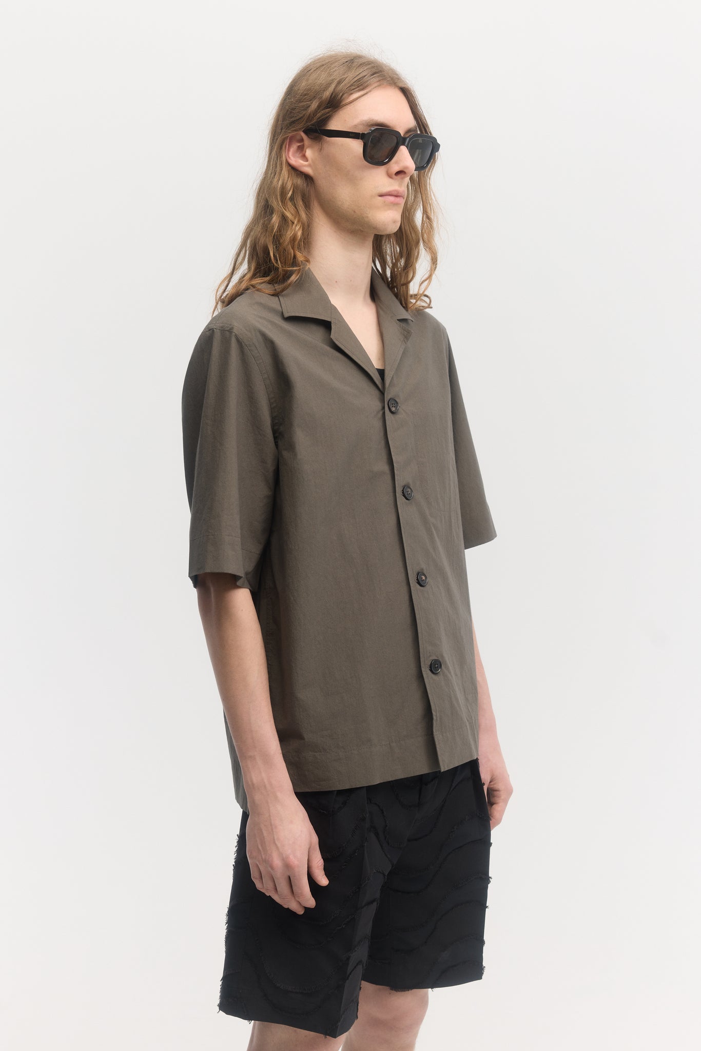 Chemise ample à manches courtes en popeline typewriter olive foncé