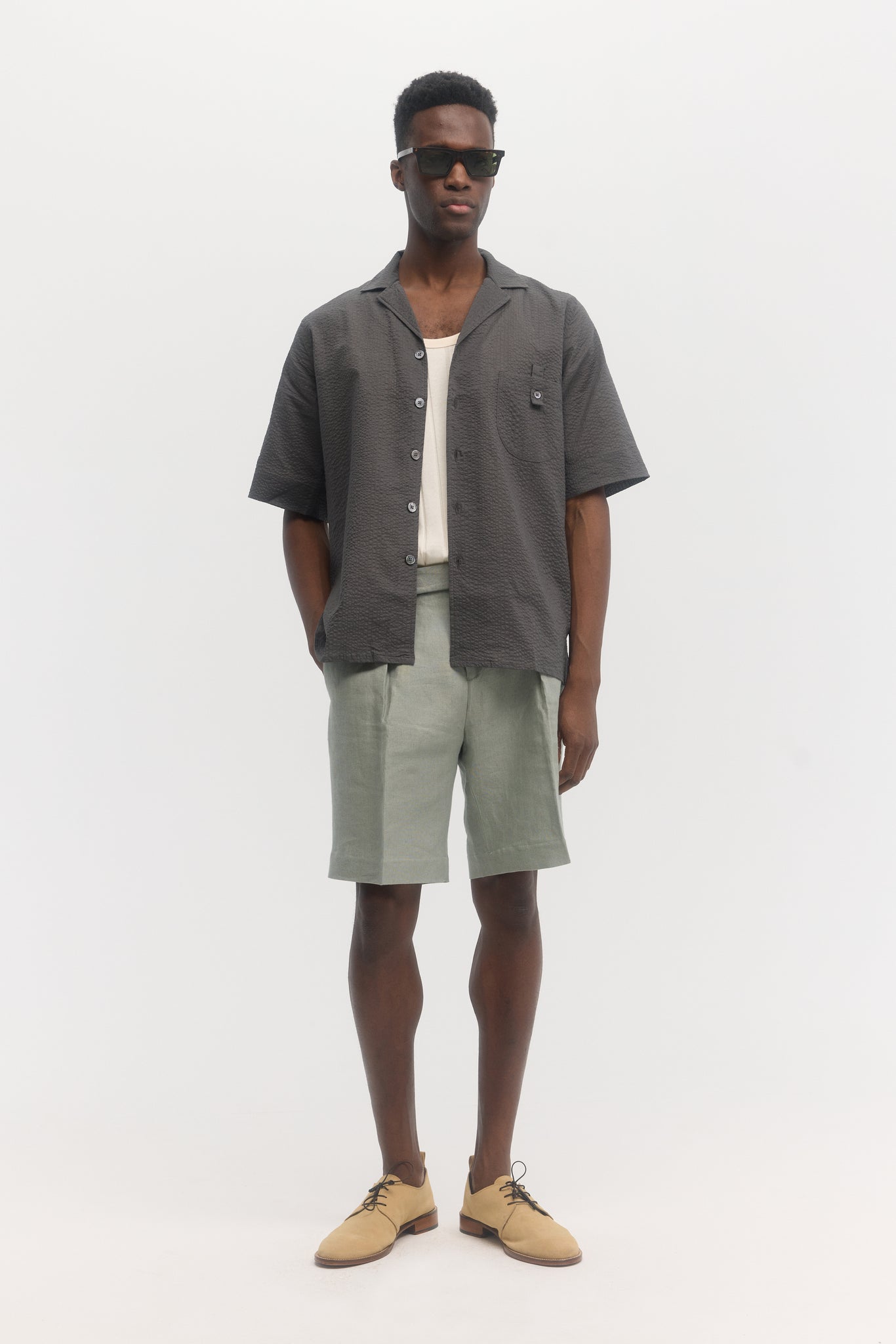 Chemise manches courtes en seersucker gris sarcelle