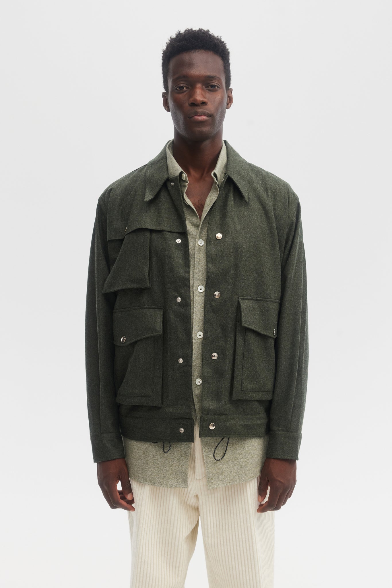 Forest green wool flannel technical blouson