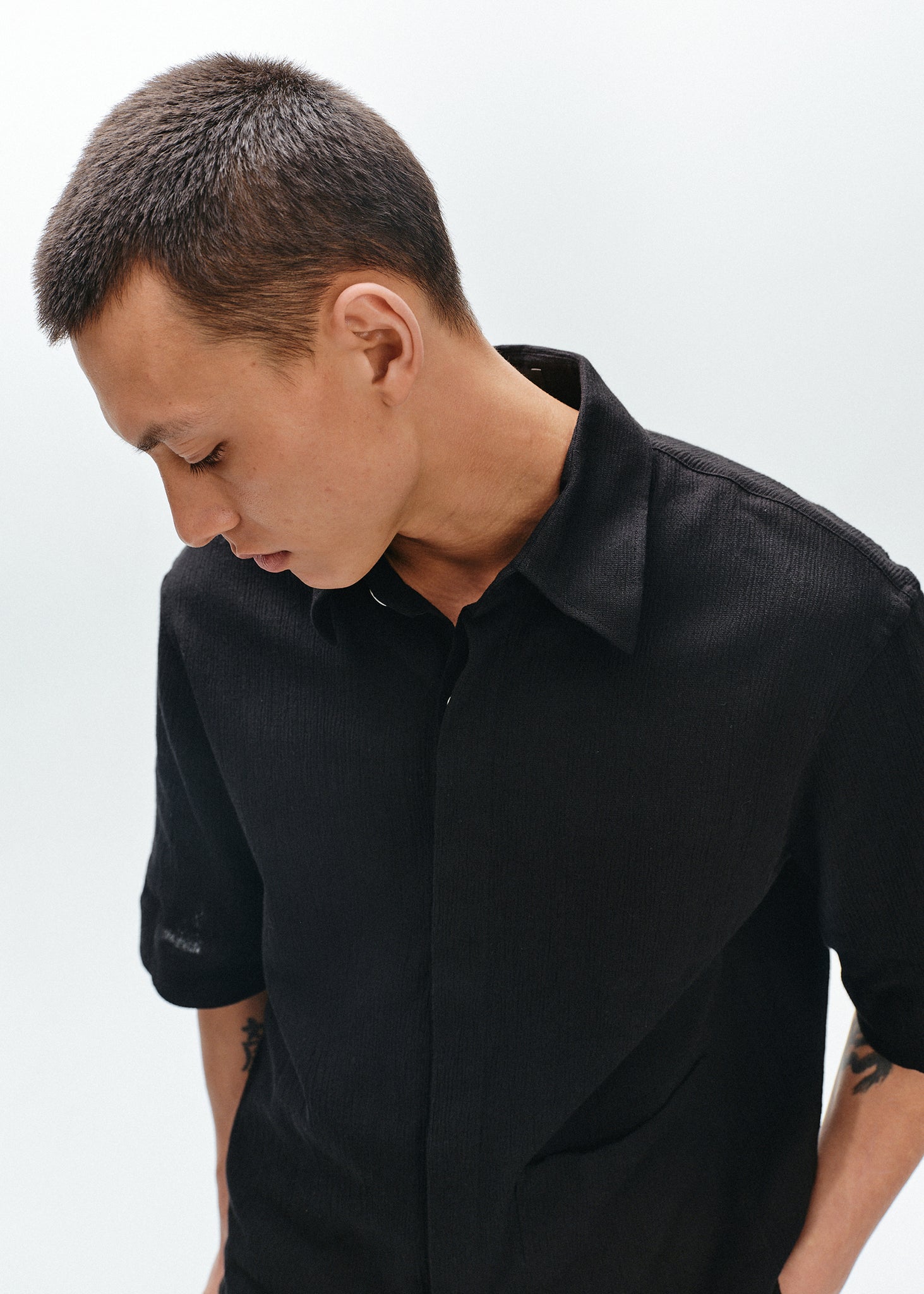 Black crepe relaxed fit short sleeve shirt