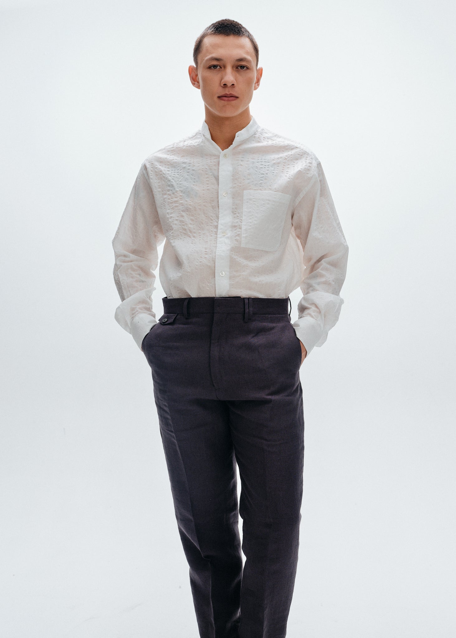 Teal grey linen high waisted tapered trousers