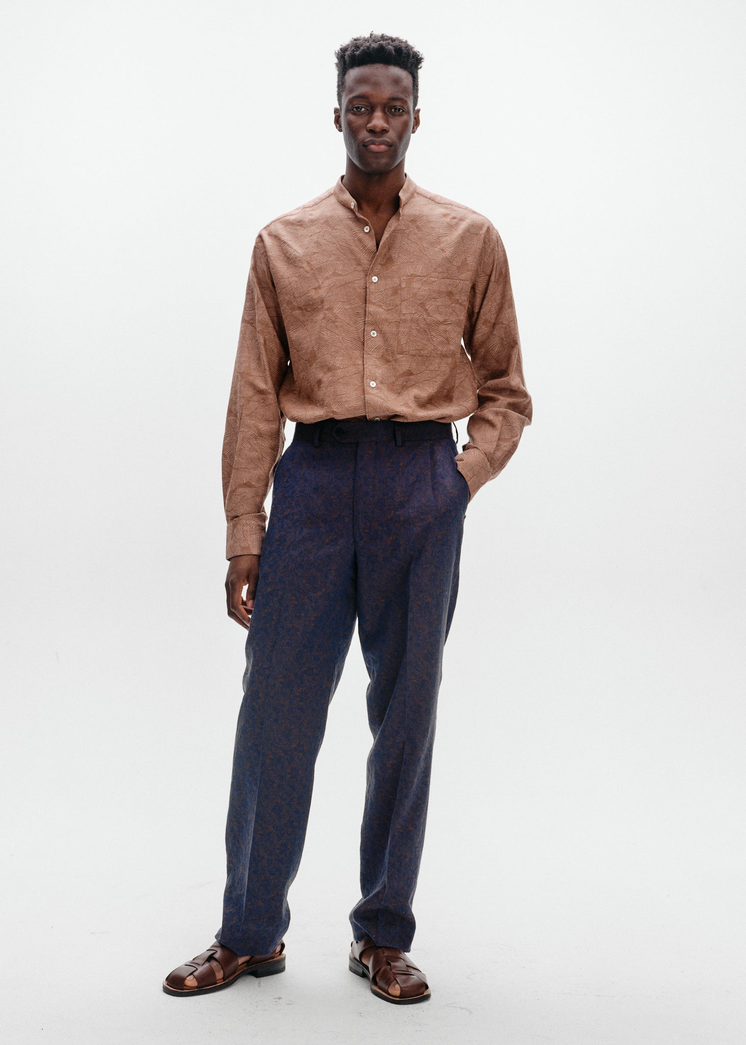 Navy floral iridescent straight trousers
