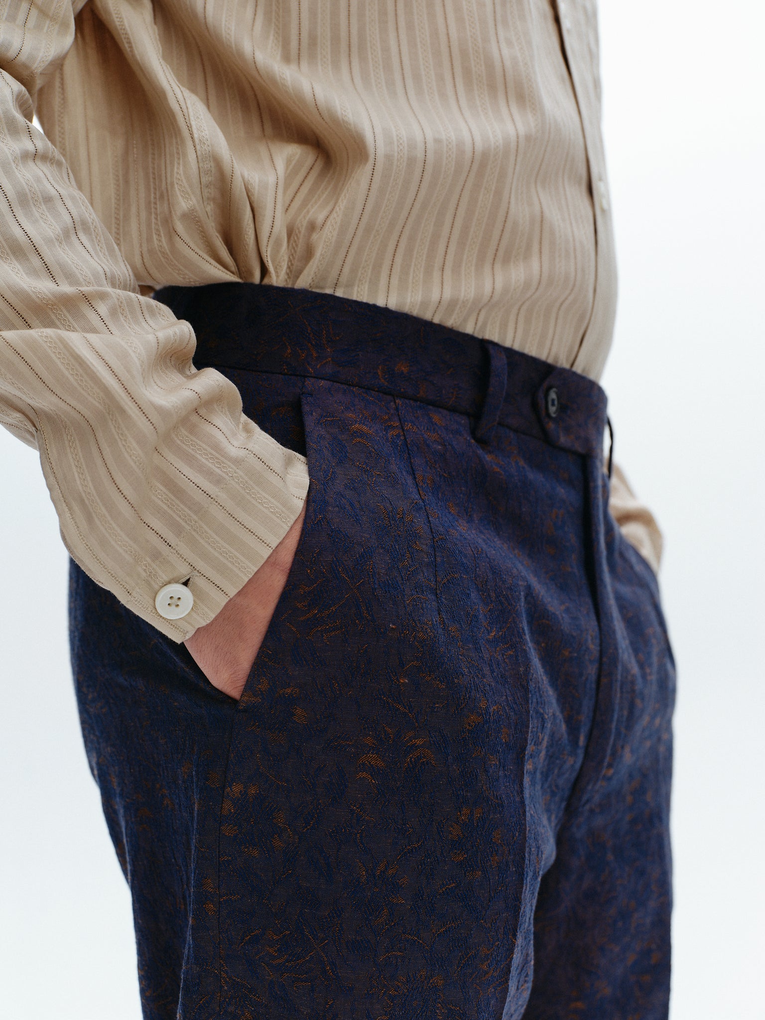 Navy floral iridescent straight trousers