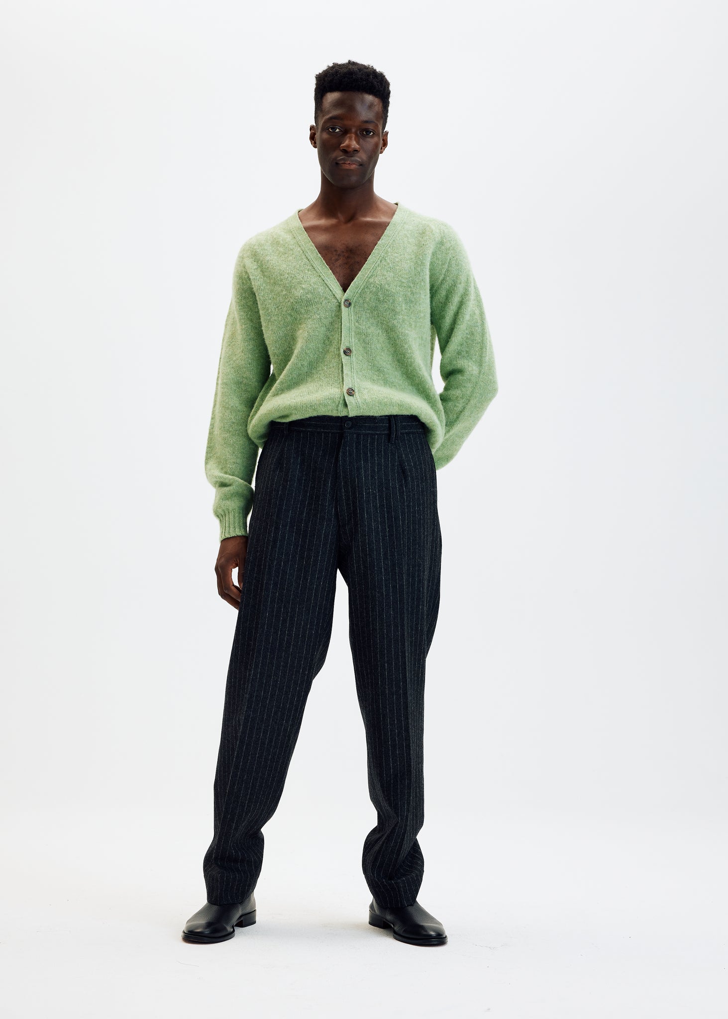 Chalk stripe wool flannel straight trousers