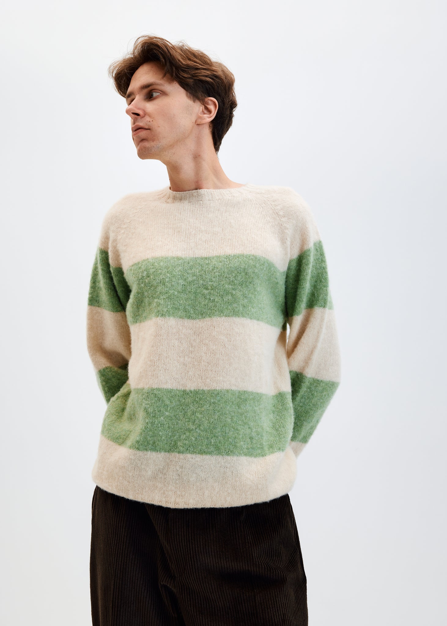 Light green stripe brushed wool crewneck