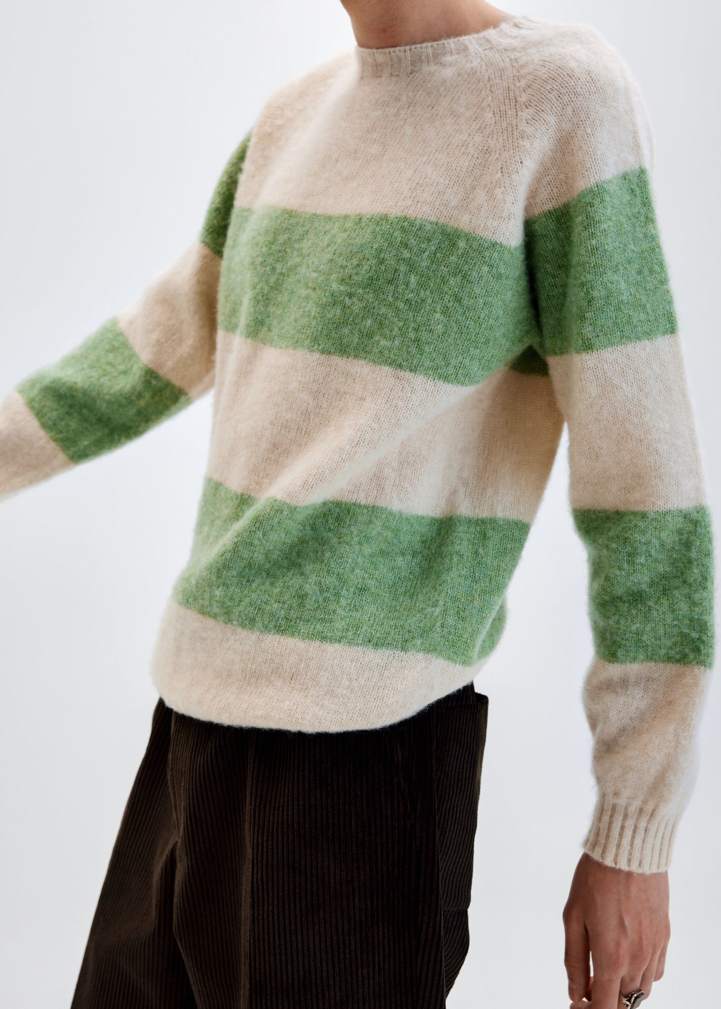 Light green stripe brushed wool crewneck