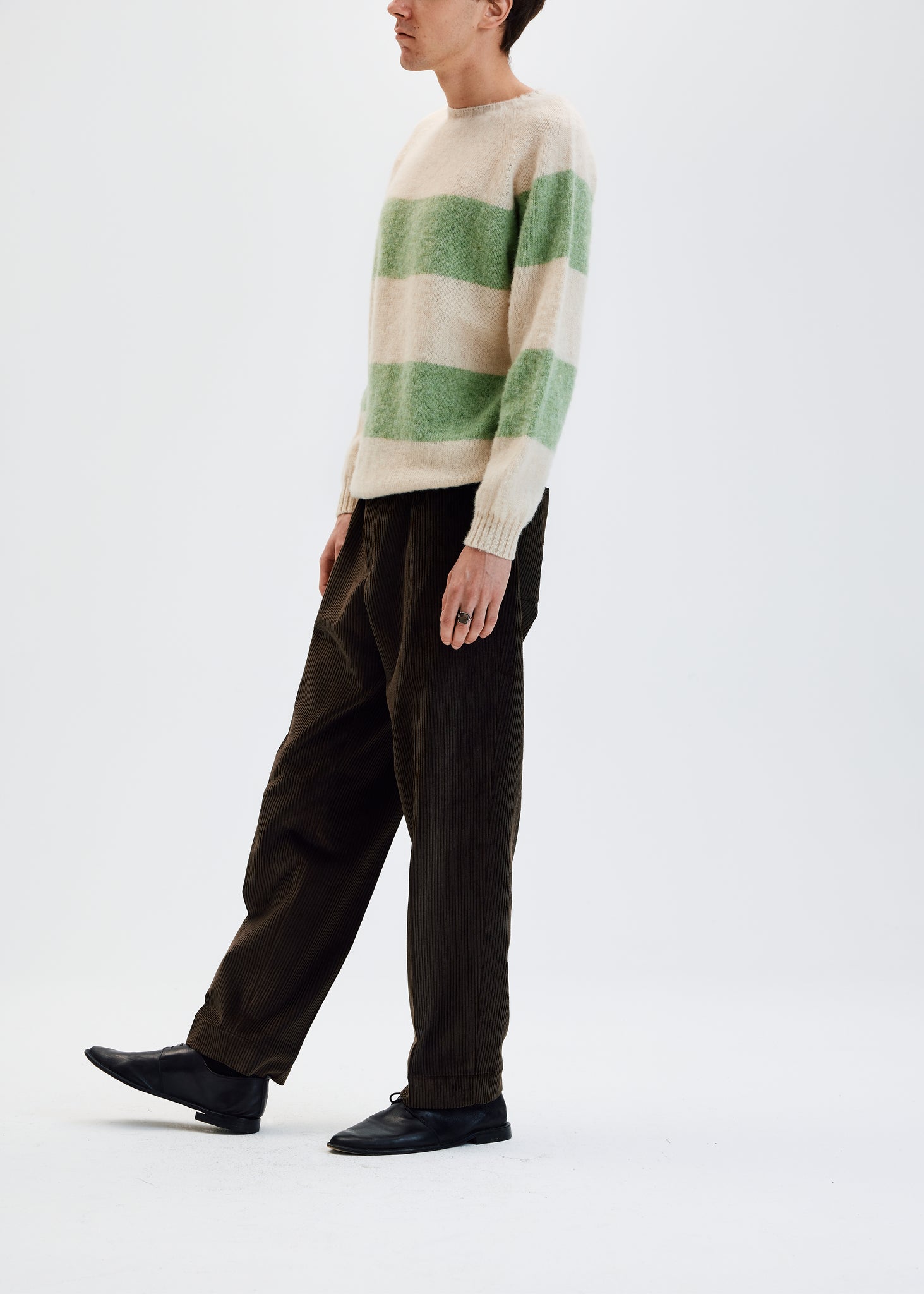 Light green stripe brushed wool crewneck