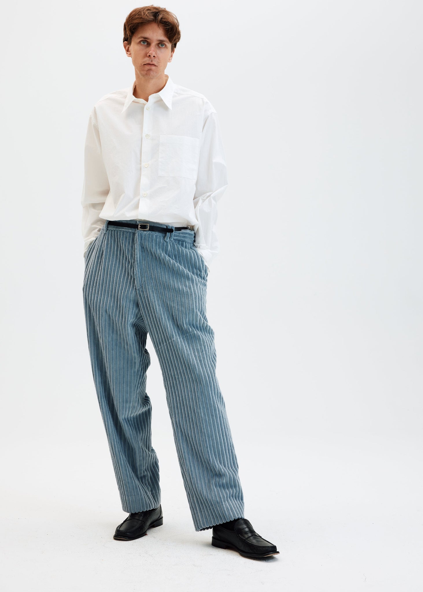 Baby blue heavy wales corduroy straight trousers