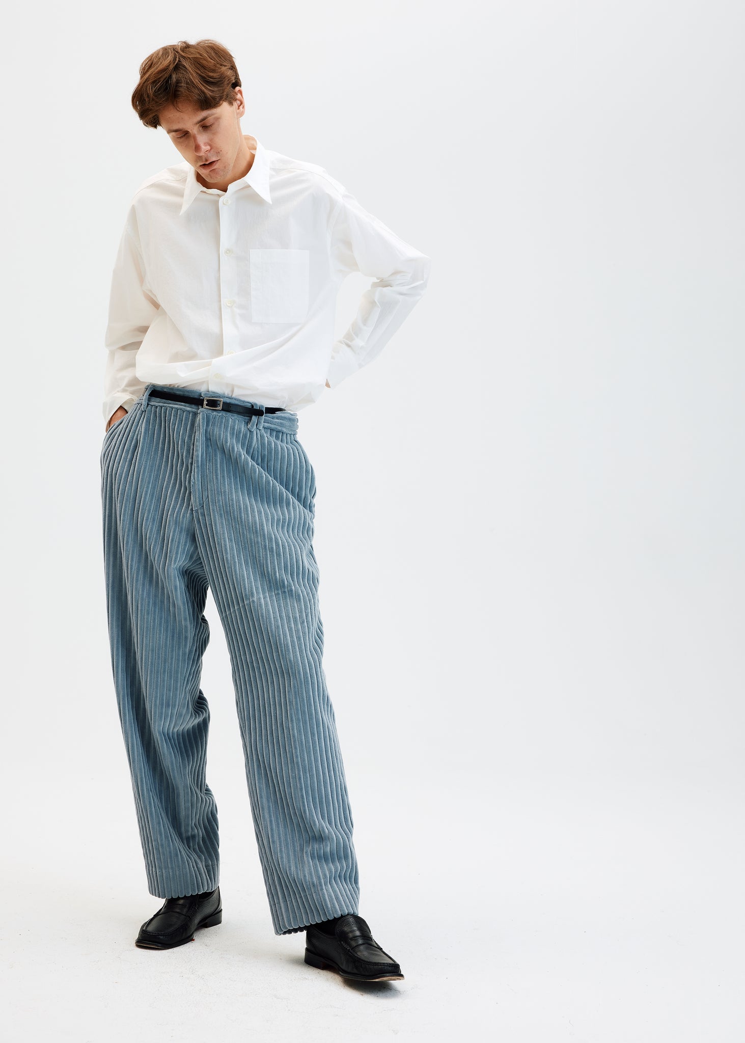 Baby blue heavy wales corduroy straight trousers