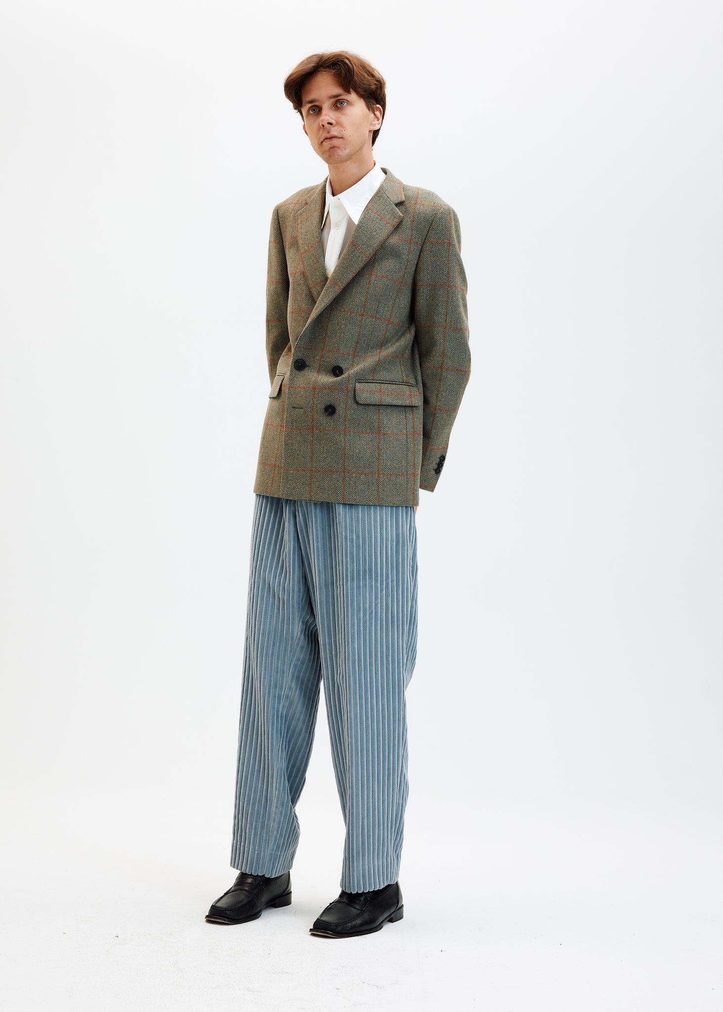 Windowpane double breasted wool blazer