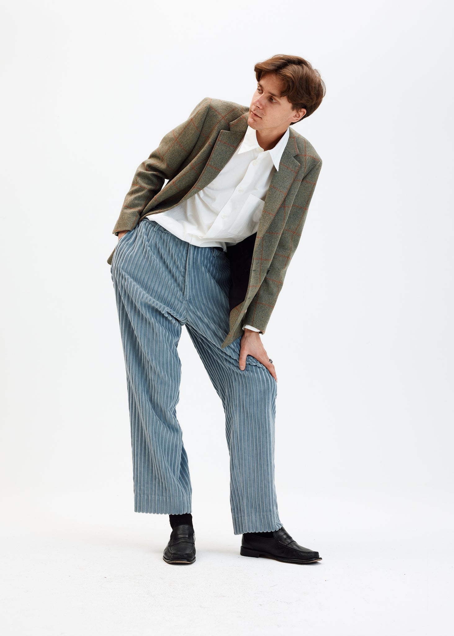 Baby blue heavy wales corduroy straight trousers