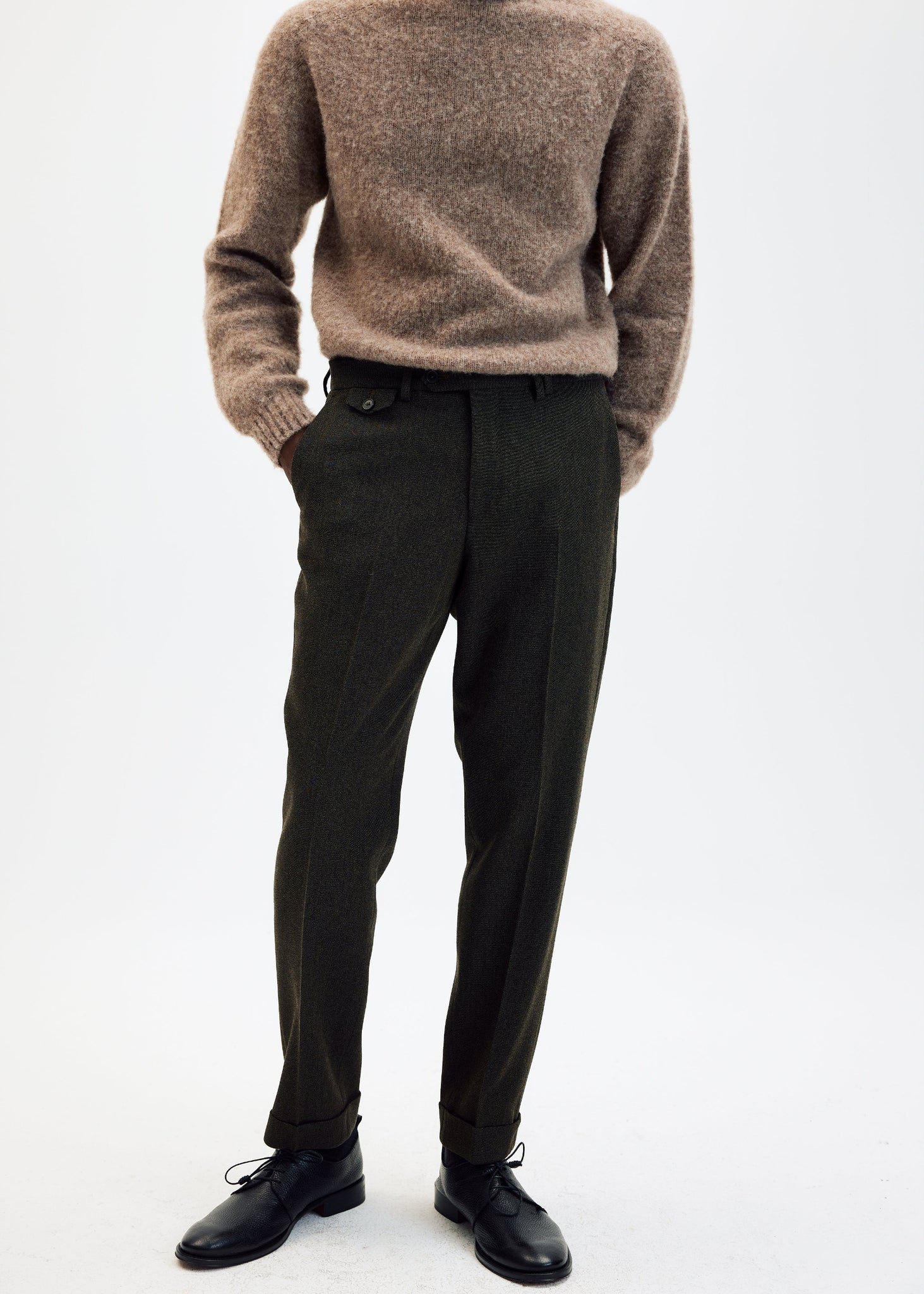 Olive wool crepe twill tapered trousers