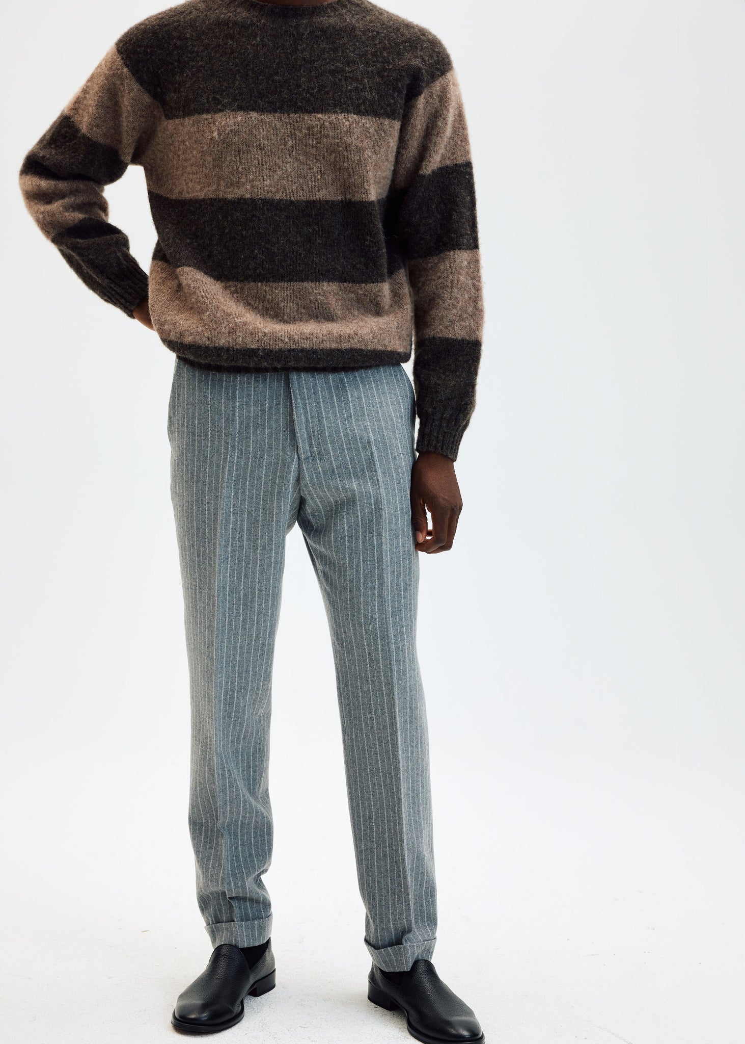 Grey pinstripe wool flannel tapered trousers