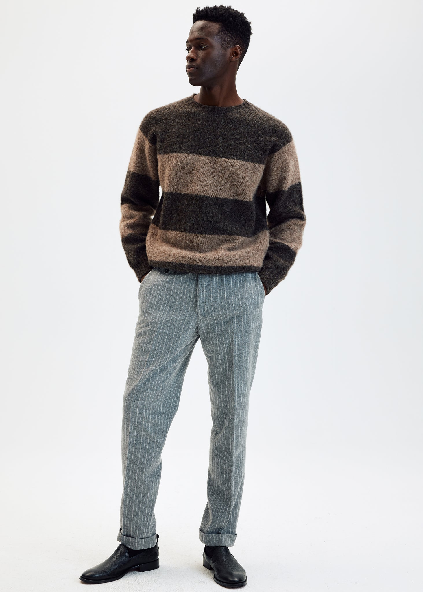 Grey pinstripe wool flannel tapered trousers